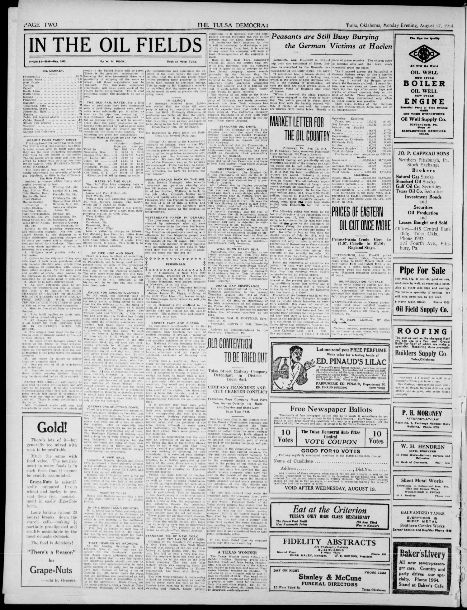 The Tulsa Democrat (Tulsa, Okla.), Vol. 10, No. 310, Ed. 1 Monday, August 17, 1914
                                                
                                                    [Sequence #]: 2 of 10
                                                