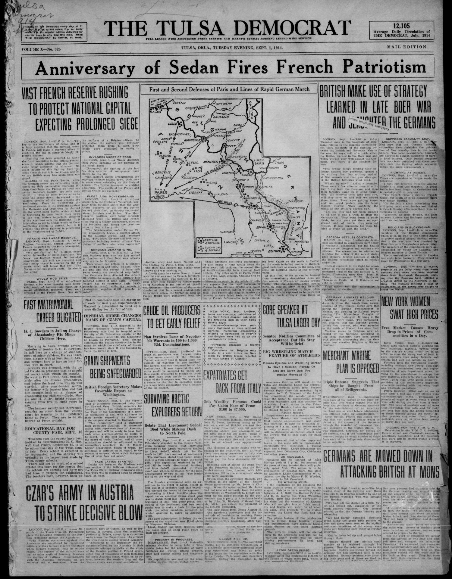 The Tulsa Democrat (Tulsa, Okla.), Vol. 10, No. 325, Ed. 1 Tuesday, September 1, 1914
                                                
                                                    [Sequence #]: 1 of 8
                                                