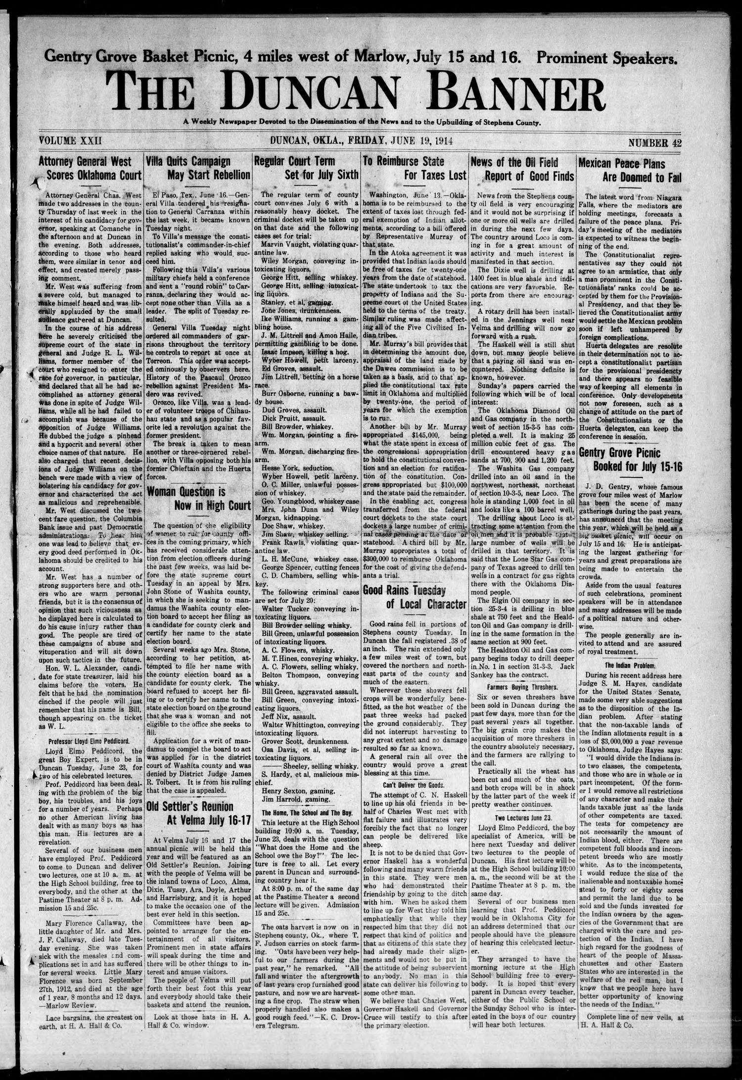 The Duncan Banner (Duncan, Okla.), Vol. 22, No. 42, Ed. 1 Friday, June 19, 1914
                                                
                                                    [Sequence #]: 1 of 8
                                                