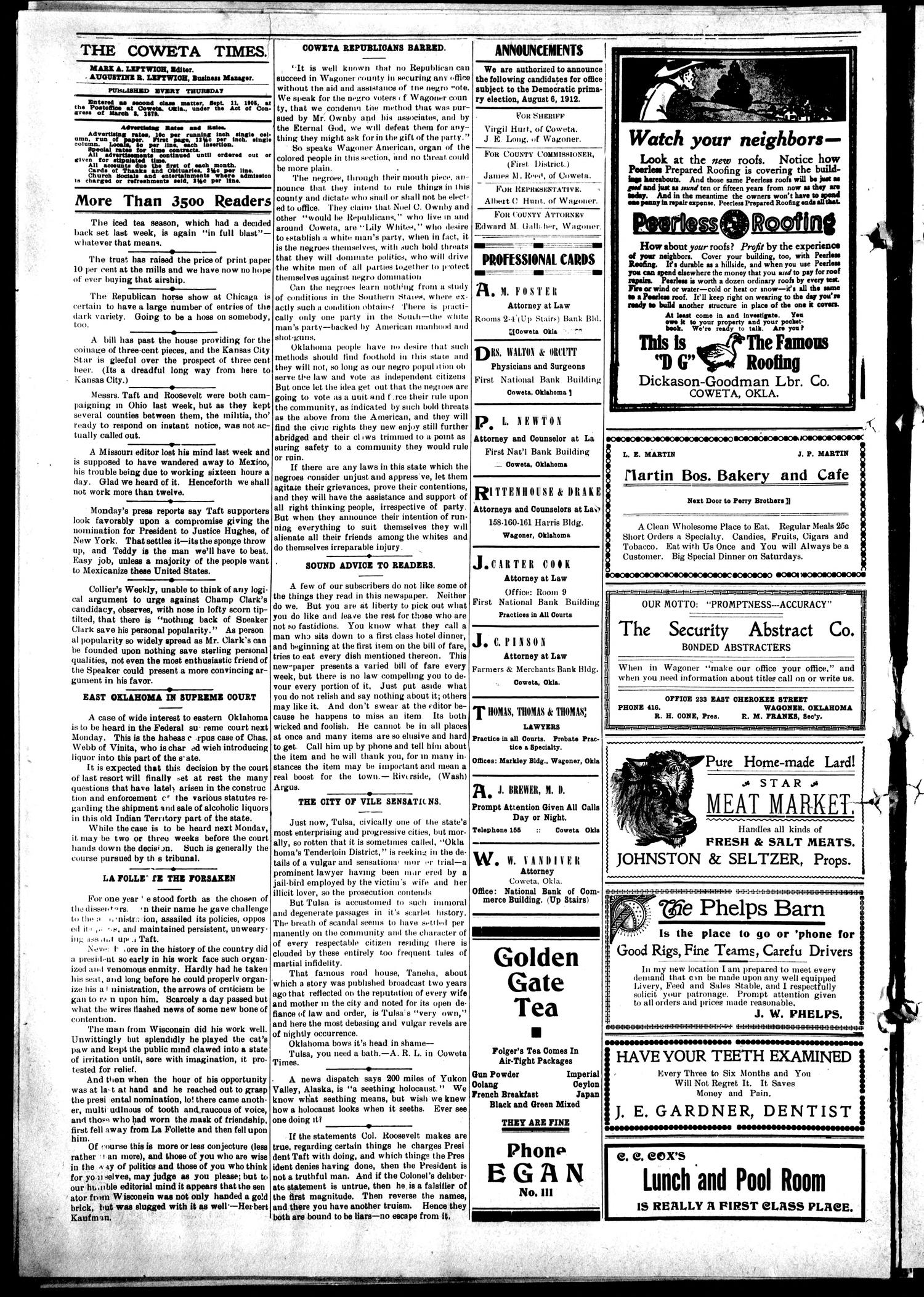 Coweta Times. (Coweta, Okla.), Vol. 7, No. 46, Ed. 1 Thursday, May 23, 1912
                                                
                                                    [Sequence #]: 4 of 8
                                                