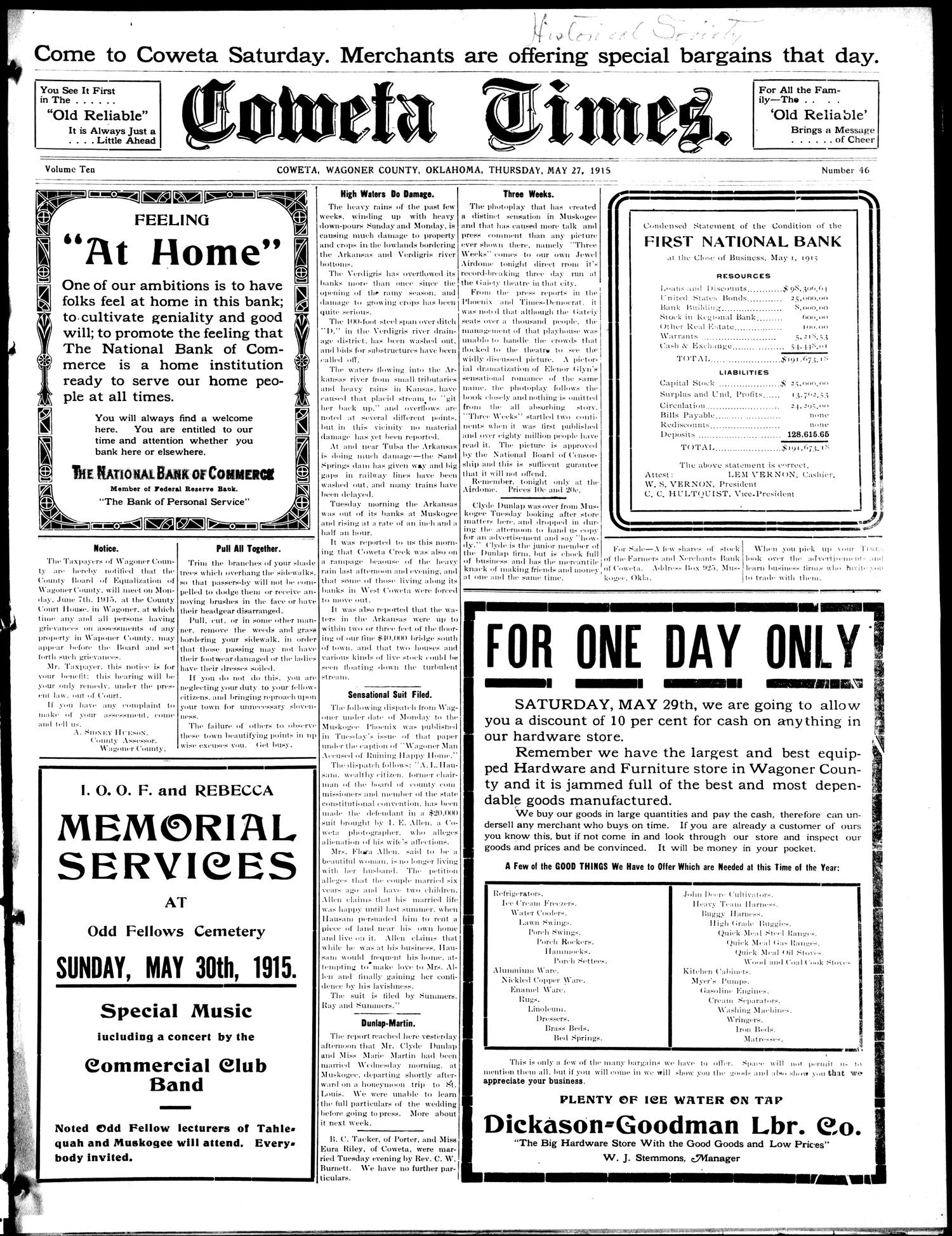Coweta Times. (Coweta, Okla.), Vol. 10, No. 46, Ed. 1 Thursday, May 27, 1915
                                                
                                                    [Sequence #]: 1 of 8
                                                