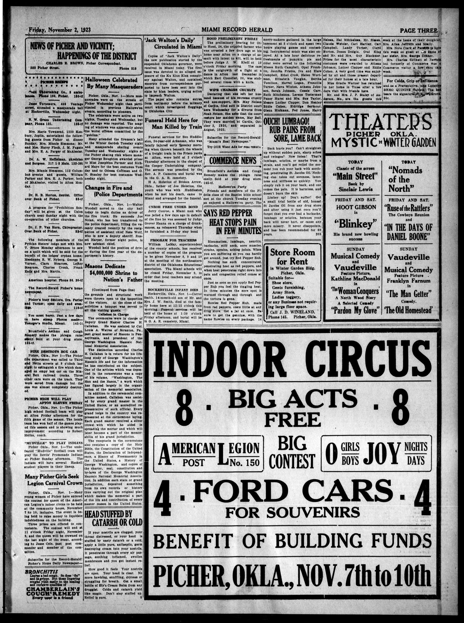 Miami Record-Herald (Miami, Okla.), Vol. 30, No. 36, Ed. 1 Friday, November 2, 1923
                                                
                                                    [Sequence #]: 3 of 6
                                                