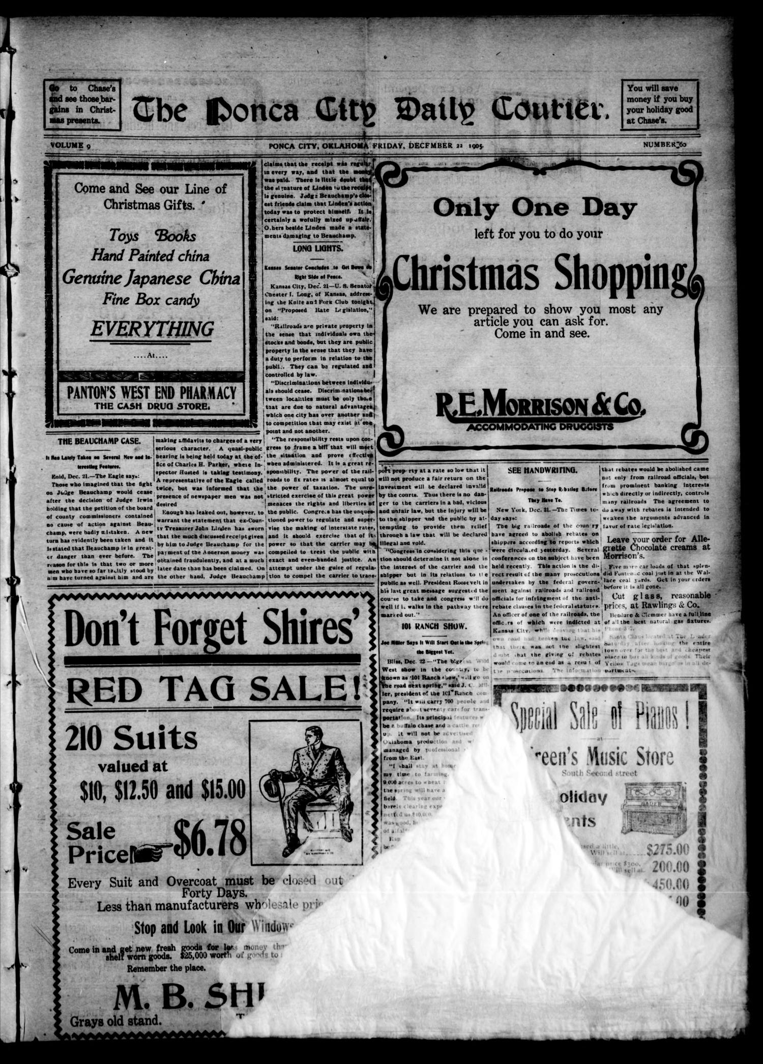 The Ponca City Daily Courier. (Ponca City, Okla.), Vol. 9, No. 60, Ed. 1 Friday, December 22, 1905
                                                
                                                    [Sequence #]: 1 of 4
                                                