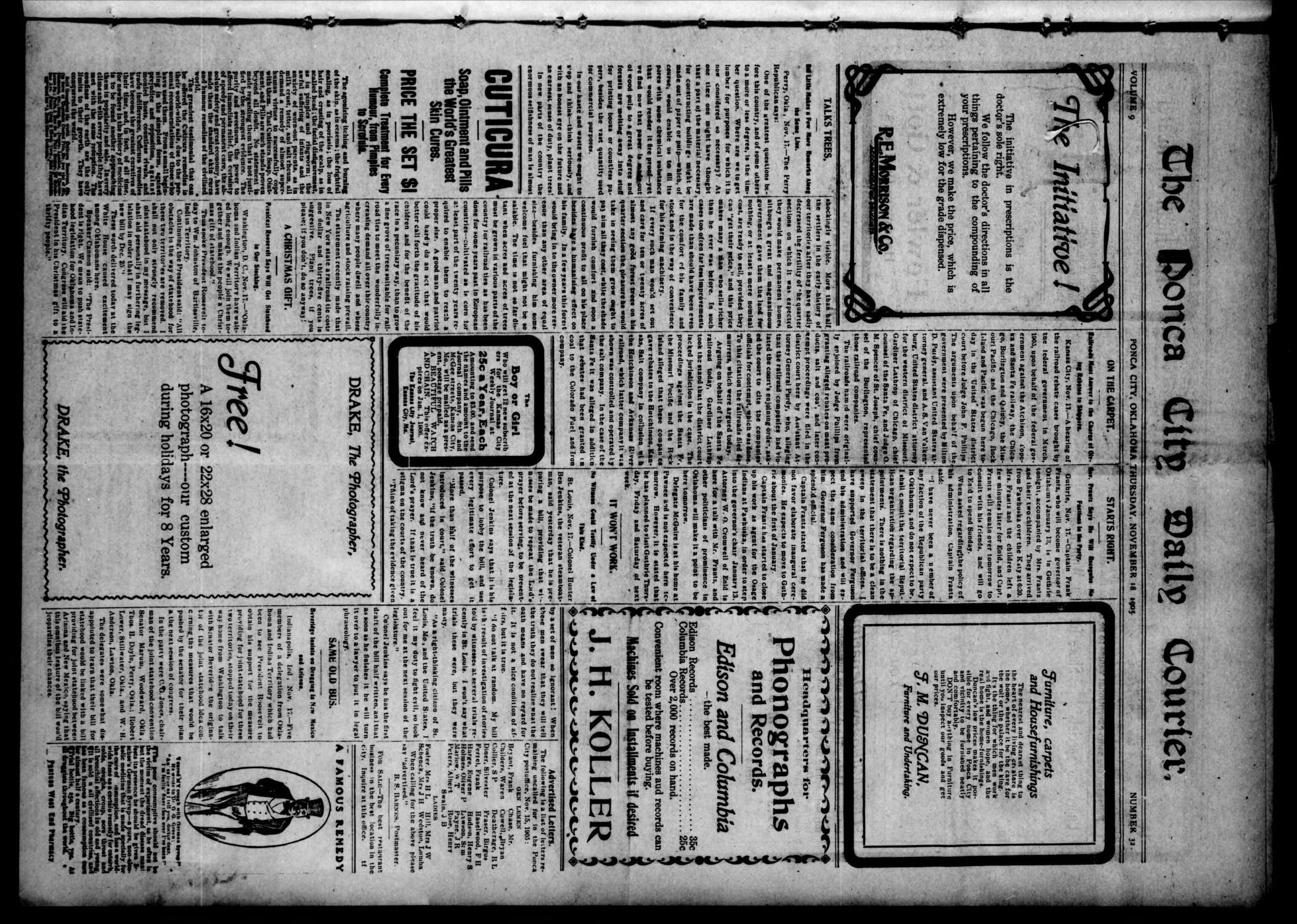 The Ponca City Daily Courier. (Ponca City, Okla.), Vol. 9, No. 32, Ed. 1 Saturday, November 18, 1905
                                                
                                                    [Sequence #]: 1 of 4
                                                