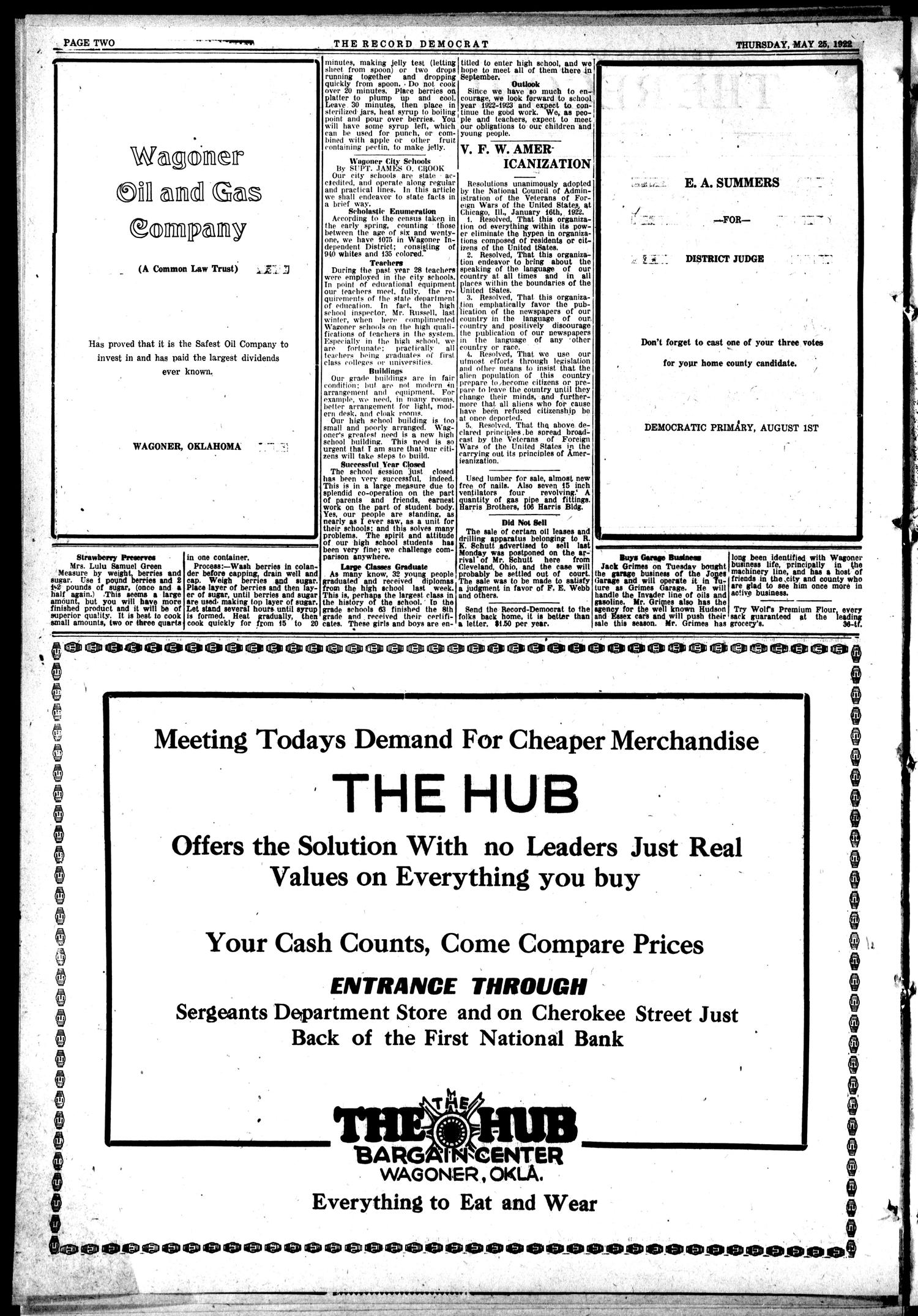 The Record-Democrat (Wagoner, Okla.), Vol. 30, No. 41, Ed. 1 Thursday, May 25, 1922
                                                
                                                    [Sequence #]: 2 of 24
                                                