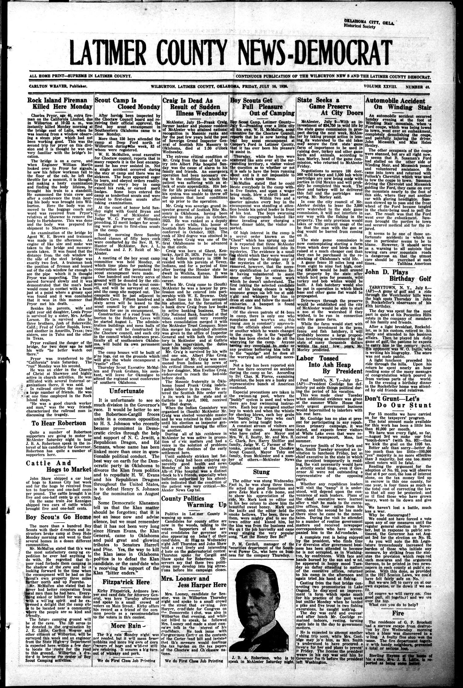 Latimer County News-Democrat (Wilburton, Okla.), Vol. 28, No. 48, Ed. 1 Friday, July 16, 1926
                                                
                                                    [Sequence #]: 1 of 6
                                                