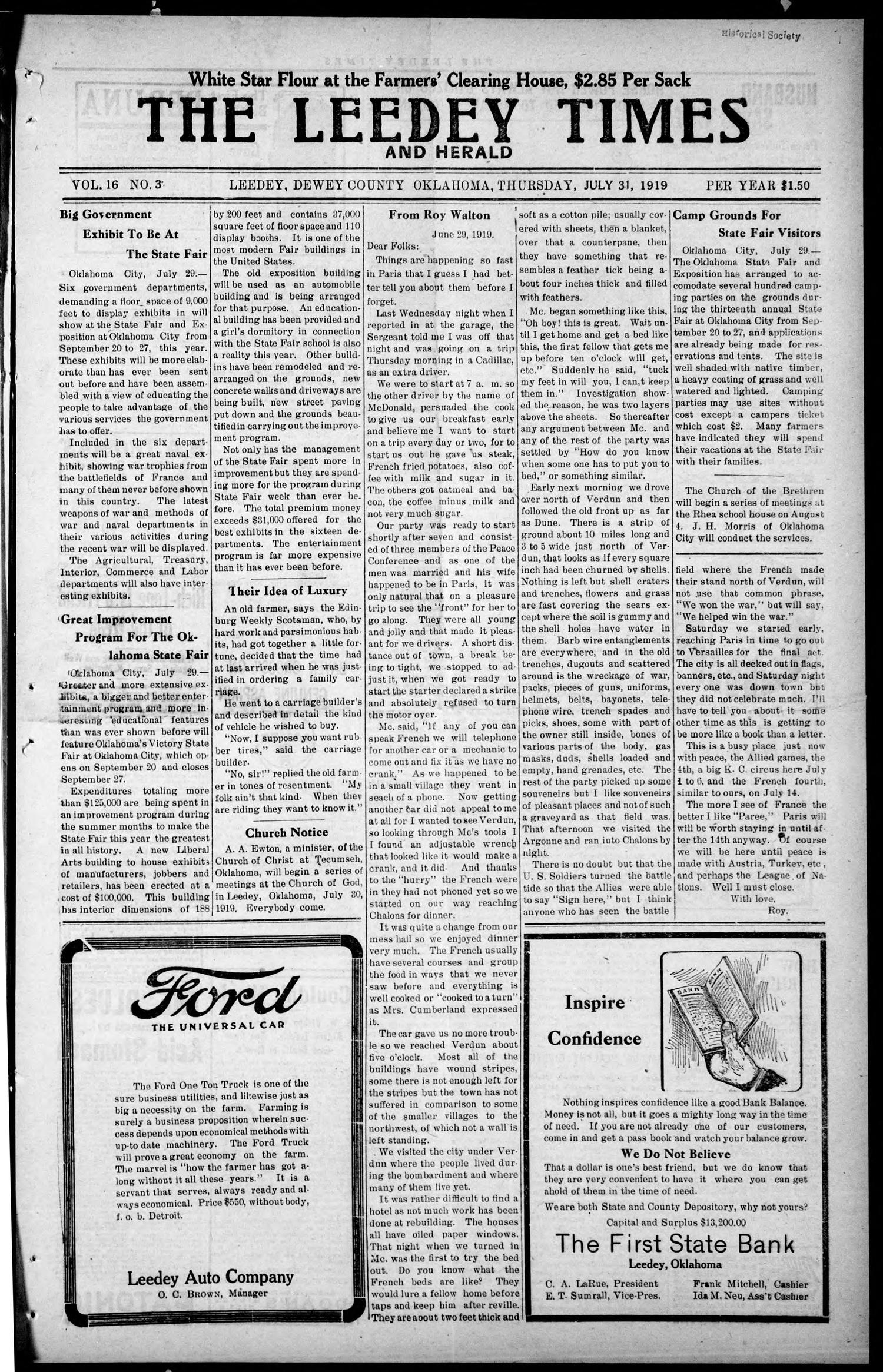 The Leedy Times And Herald (Leedy, Okla.), Vol. 16, No. 3, Ed. 1 Thursday, July 31, 1919
                                                
                                                    [Sequence #]: 1 of 8
                                                