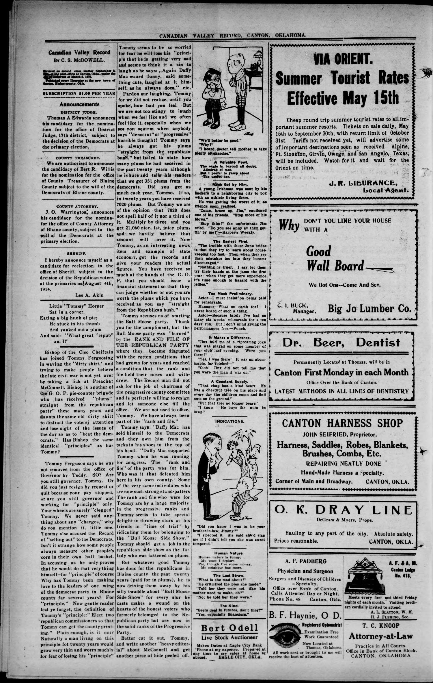 Canadian Valley Record (Canton, Okla.), Vol. 10, No. 8, Ed. 1 Thursday, June 11, 1914
                                                
                                                    [Sequence #]: 4 of 8
                                                