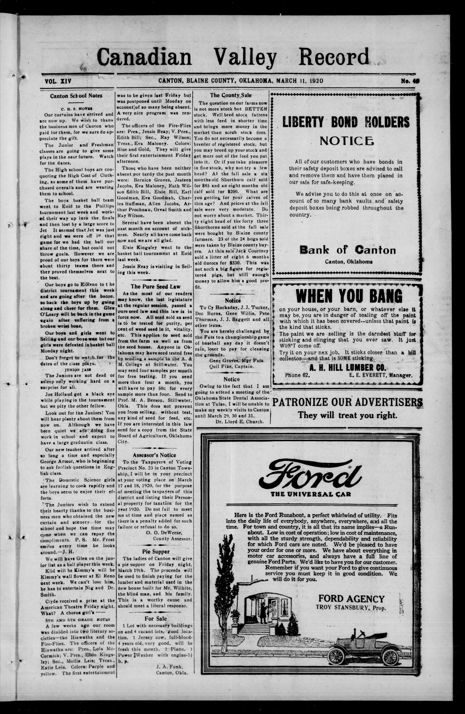 Canadian Valley Record (Canton, Okla.), Vol. 9, No. 40, Ed. 1 Thursday, March 11, 1920
                                                
                                                    [Sequence #]: 1 of 8
                                                
