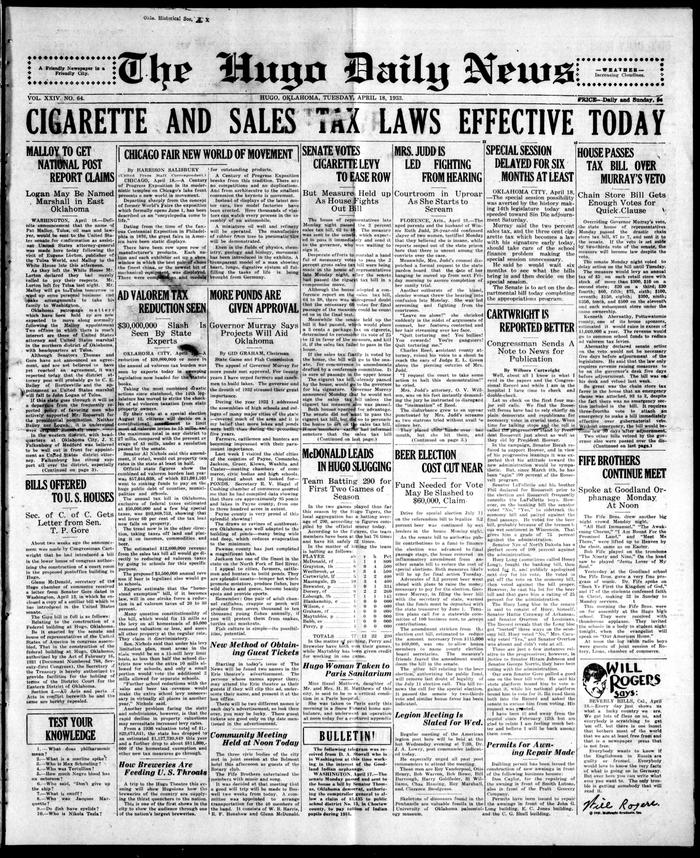 The Hugo Daily News Hugo Okla Vol 24 No 64 Ed 1 Tuesday April 18 1933 The Gateway To Oklahoma History