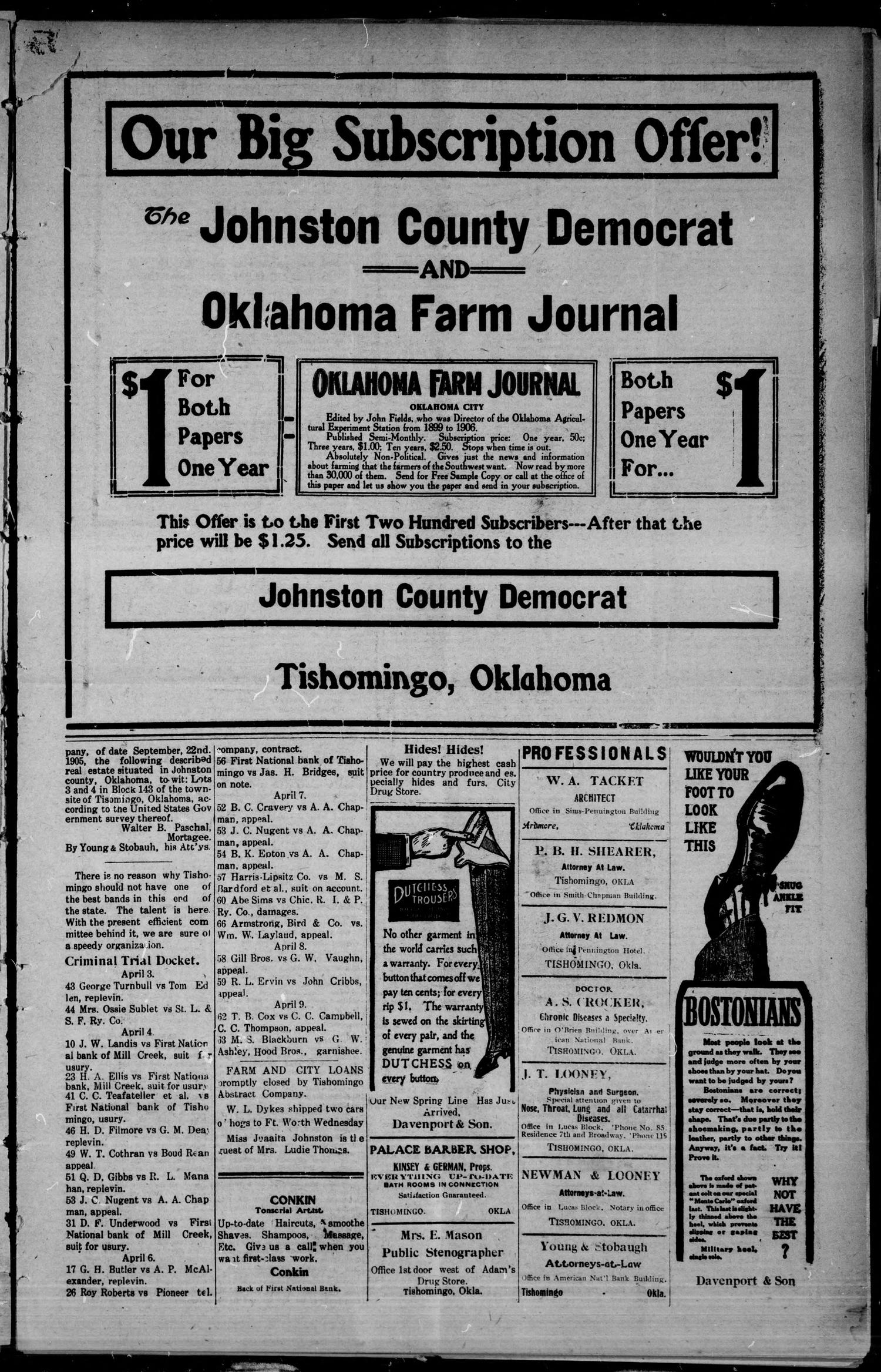 Johnston County Democrat (Tishomingo, Okla.), Vol. 5, No. 23, Ed. 1 Friday, April 3, 1908
                                                
                                                    [Sequence #]: 5 of 8
                                                