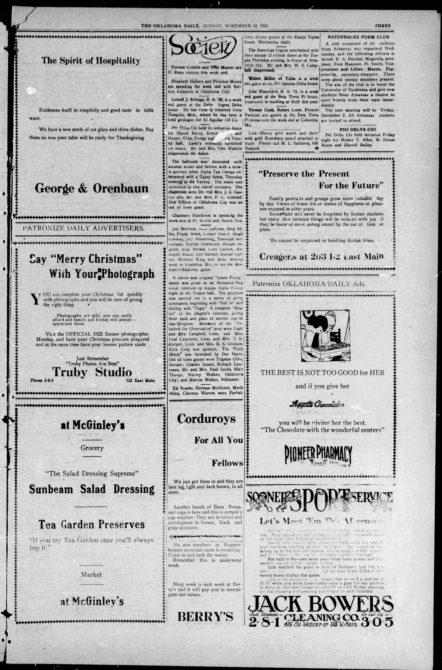 The Oklahoma Daily (Norman, Okla.), Ed. 1 Sunday, November 13, 1921
                                                
                                                    [Sequence #]: 3 of 4
                                                