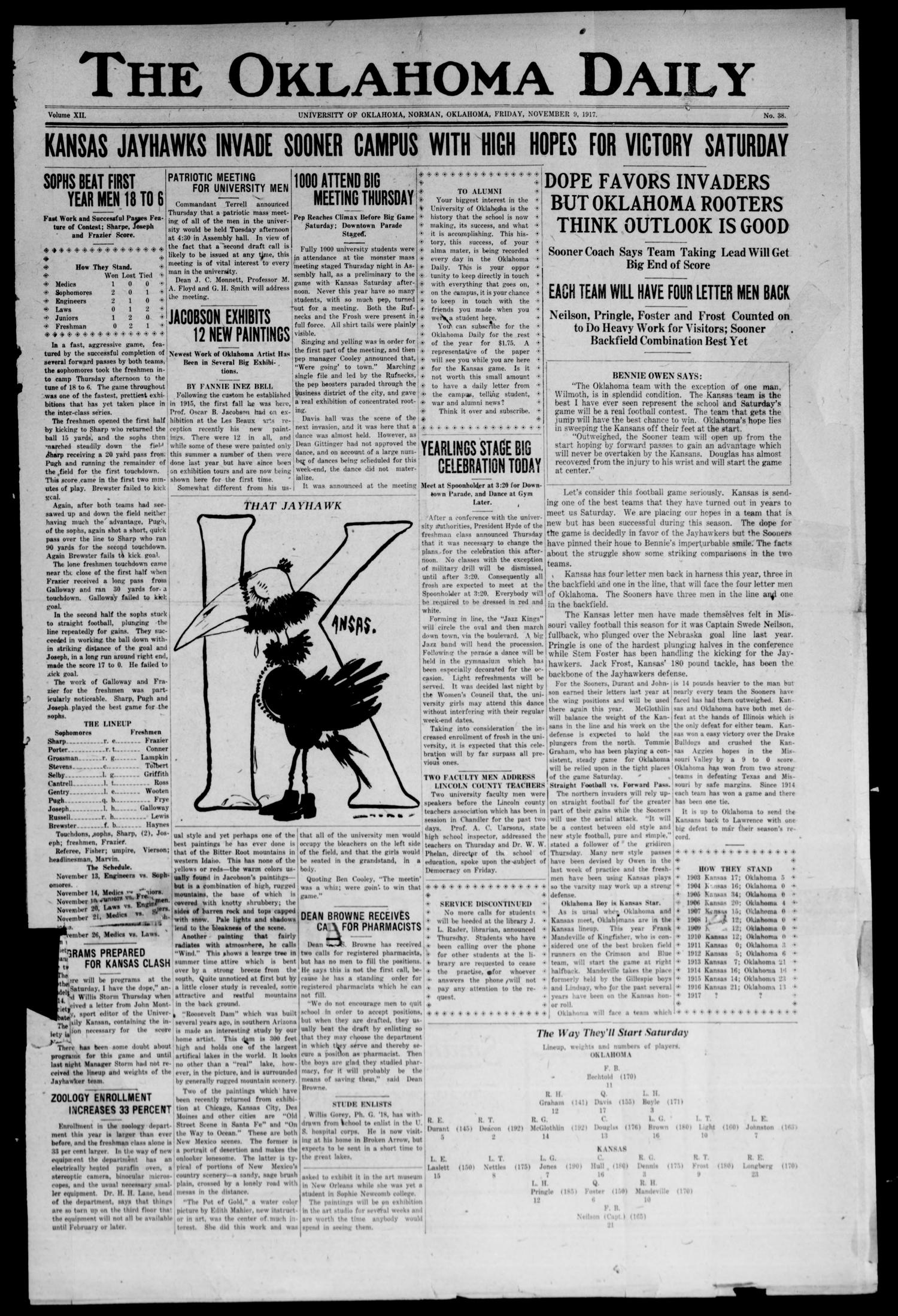 The Oklahoma Daily (Norman, Okla.), Vol. 12, No. 38, Ed. 1 Friday, November 9, 1917
                                                
                                                    [Sequence #]: 1 of 4
                                                