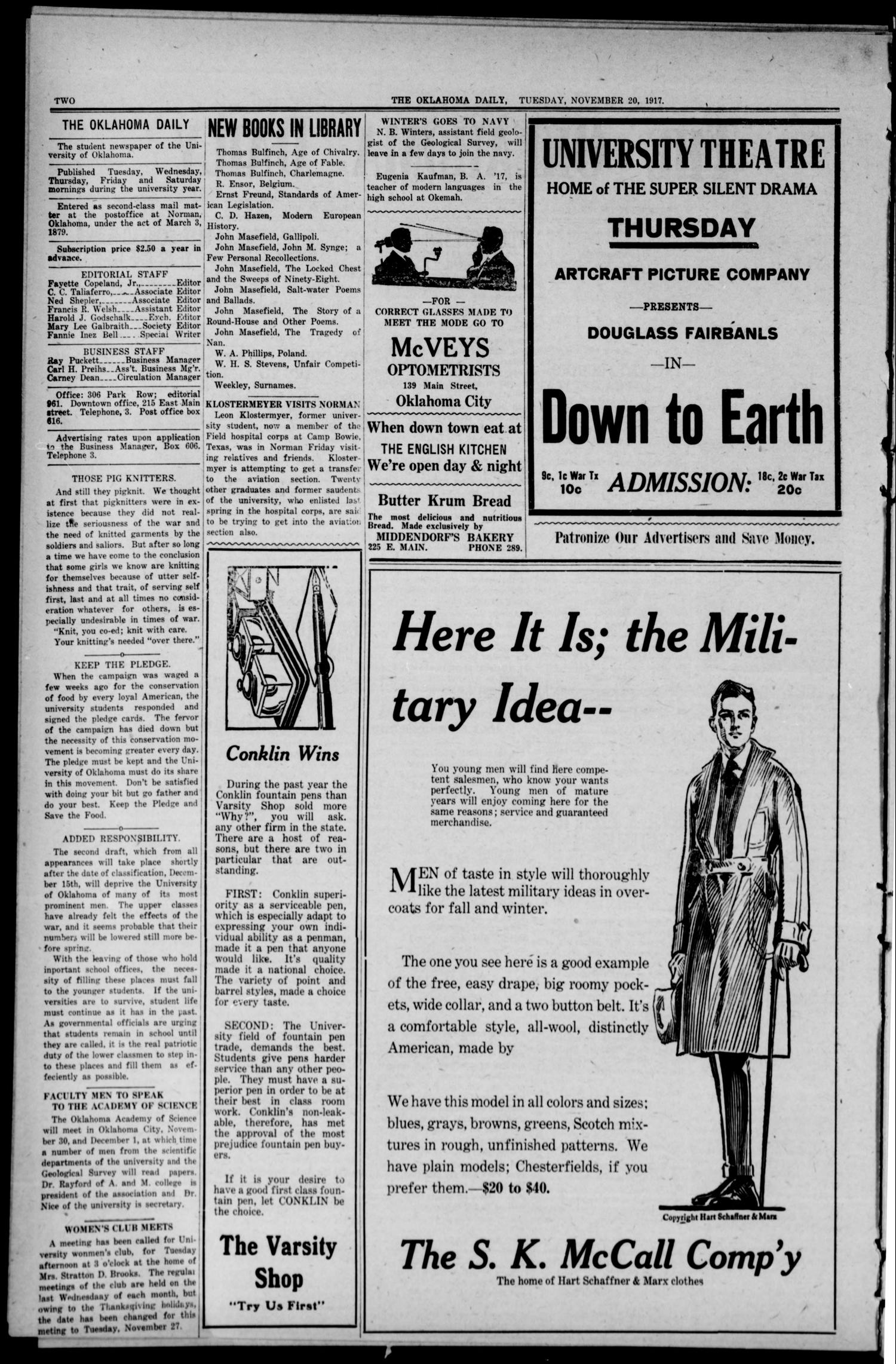 The Oklahoma Daily (Norman, Okla.), Vol. 12, No. 50, Ed. 1 Tuesday, November 20, 1917
                                                
                                                    [Sequence #]: 2 of 4
                                                