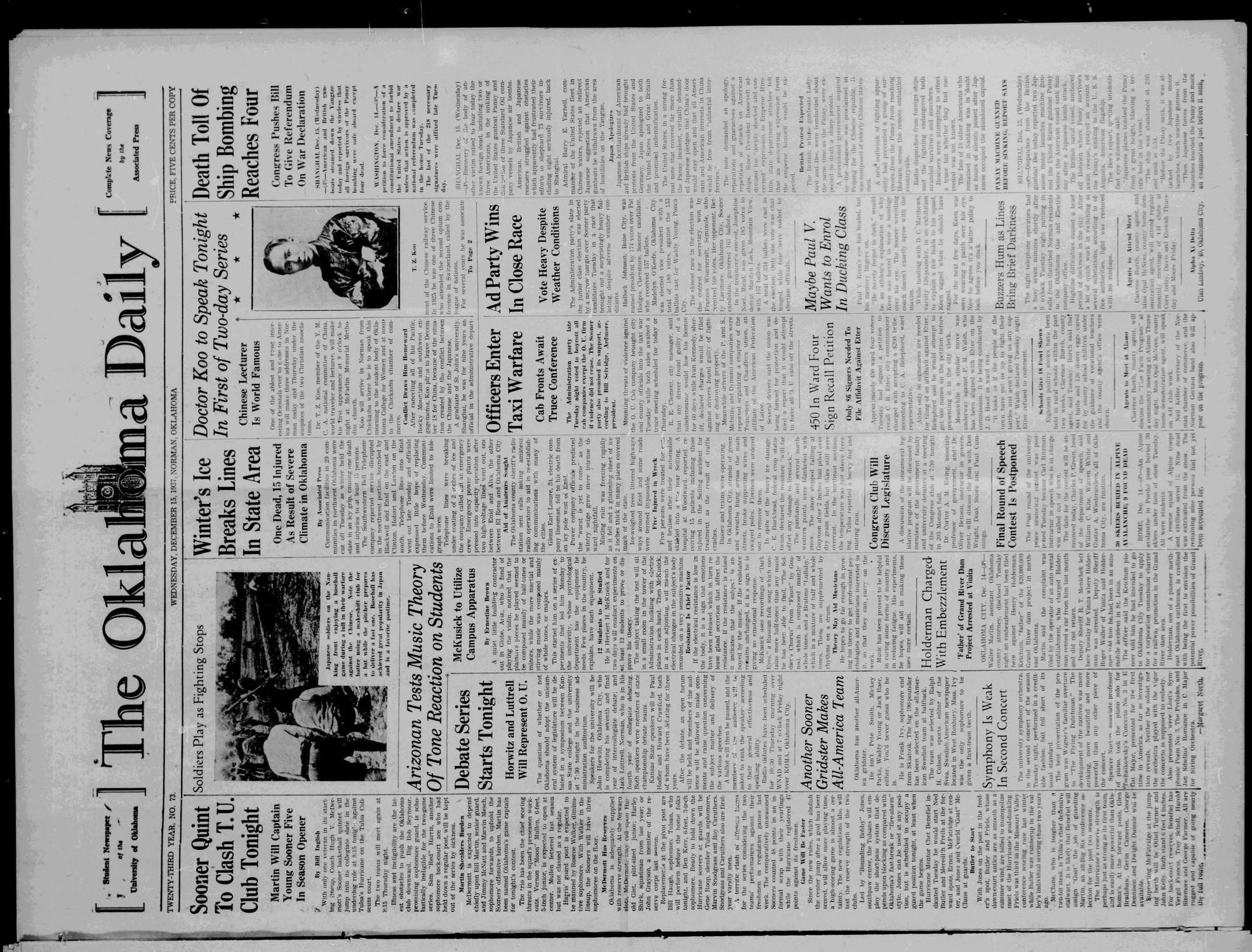 The Oklahoma Daily (Norman, Okla.), Vol. 23, No. 73, Ed. 1 Wednesday, December 15, 1937
                                                
                                                    [Sequence #]: 1 of 4
                                                