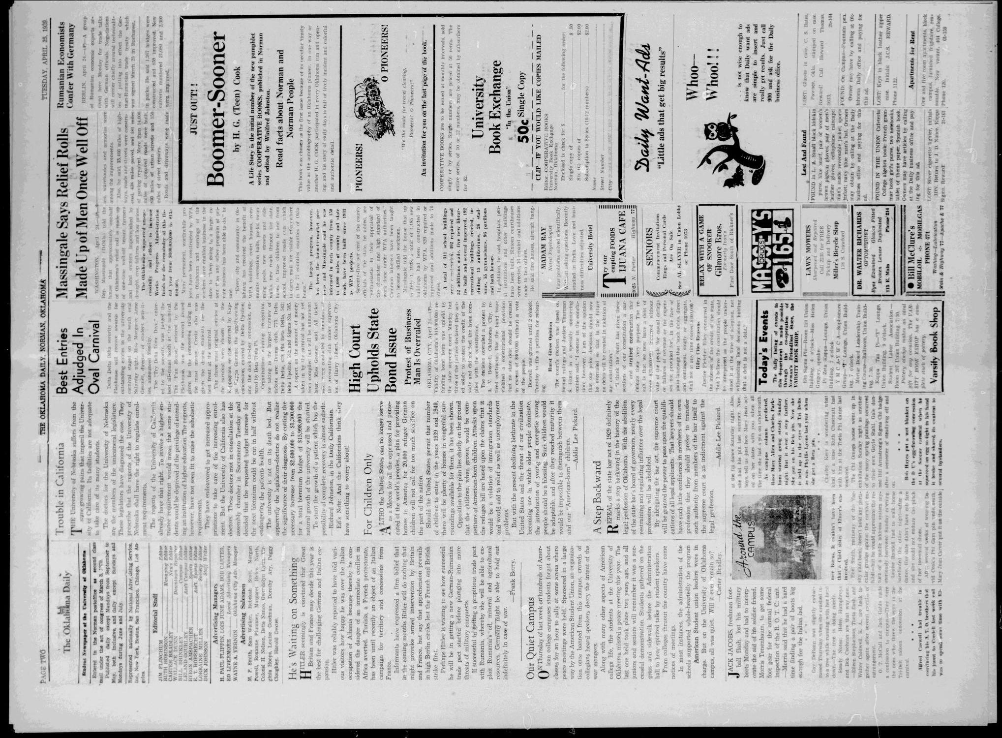 The Oklahoma Daily (Norman, Okla.), Vol. 24, No. 165, Ed. 1 Tuesday, April 25, 1939
                                                
                                                    [Sequence #]: 2 of 4
                                                