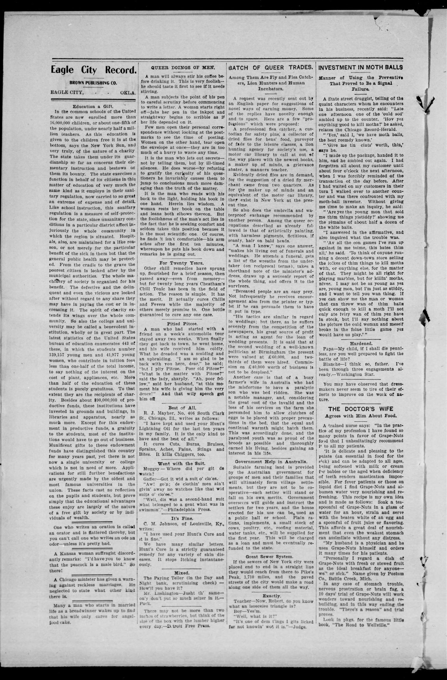 The Eagle City Record. (Eagle City, Okla.), Vol. 1, No. 44, Ed. 1 Friday, July 6, 1906
                                                
                                                    [Sequence #]: 2 of 8
                                                