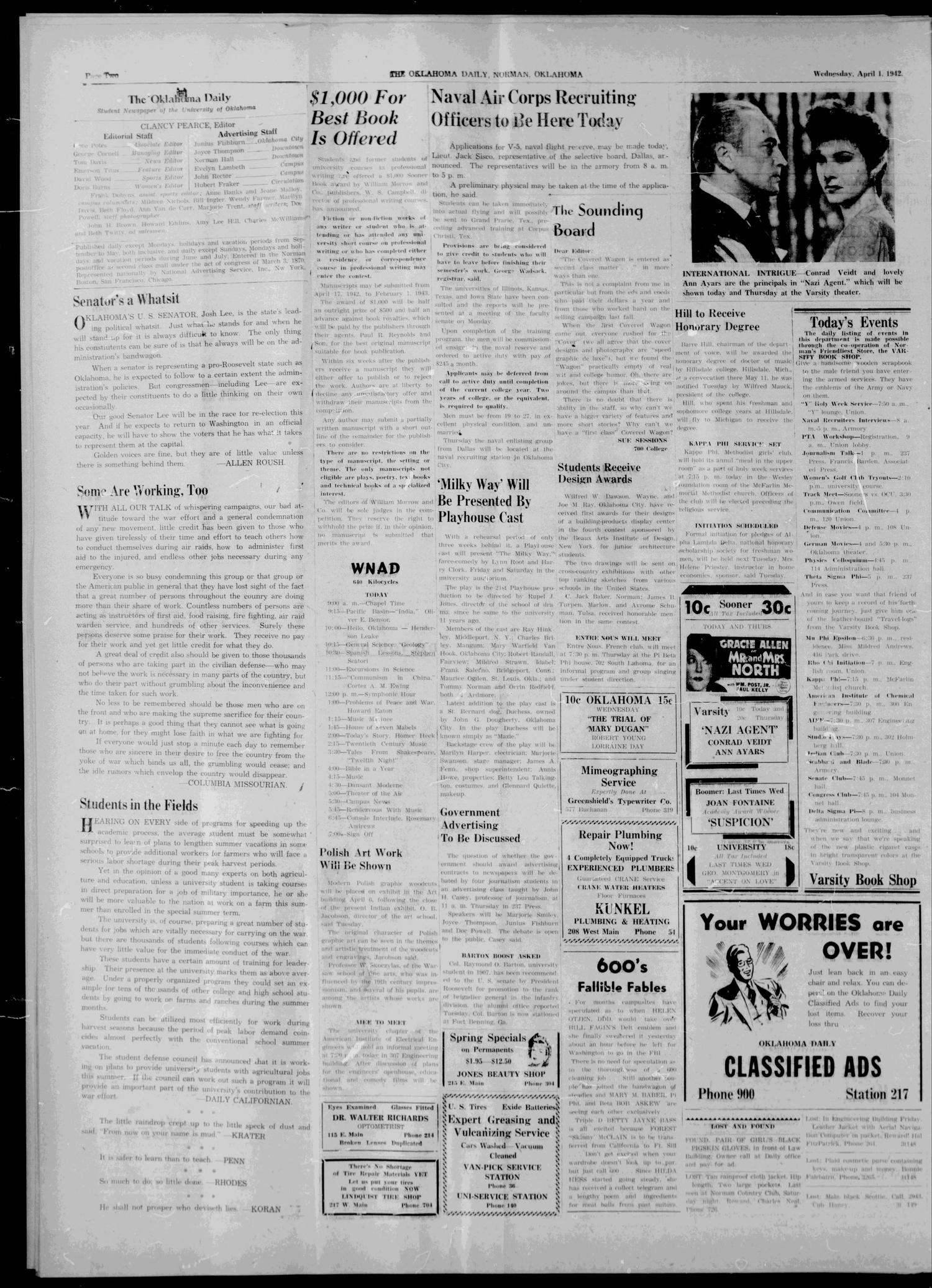 The Oklahoma Daily (Norman, Okla.), Vol. 27, No. 149, Ed. 1 Wednesday, April 1, 1942
                                                
                                                    [Sequence #]: 2 of 4
                                                