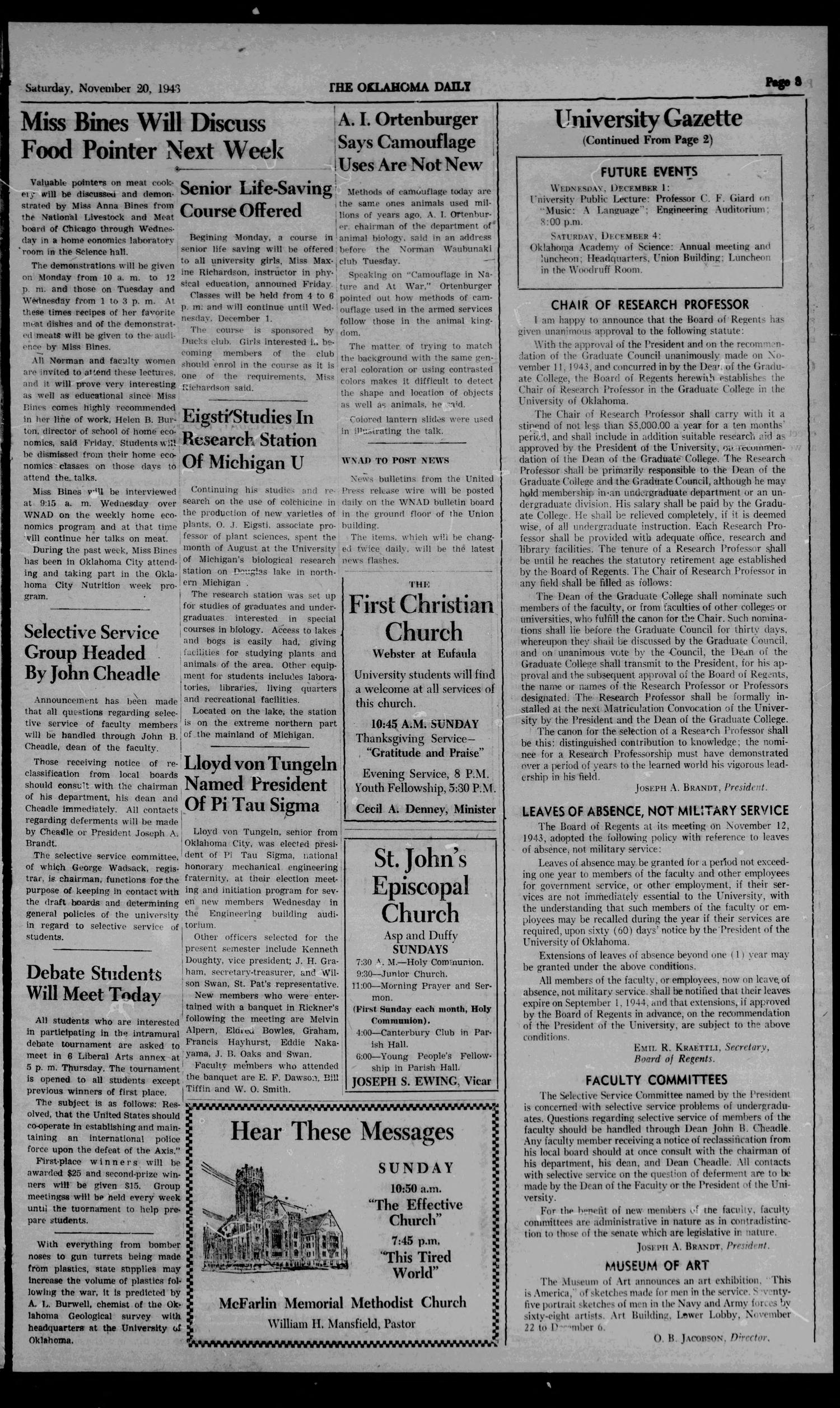 The Oklahoma Daily (Norman, Okla.), Vol. 30, No. 49, Ed. 1 Saturday, November 20, 1943
                                                
                                                    [Sequence #]: 3 of 8
                                                