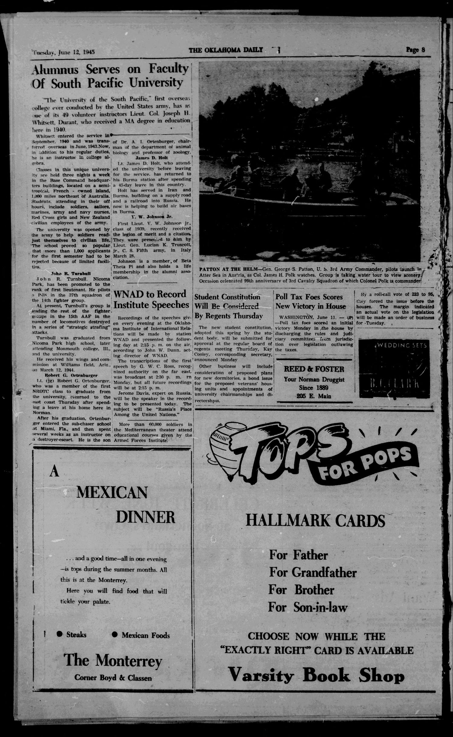 The Oklahoma Daily (Norman, Okla.), Vol. 31, No. 172, Ed. 1 Tuesday, June 12, 1945
                                                
                                                    [Sequence #]: 8 of 8
                                                