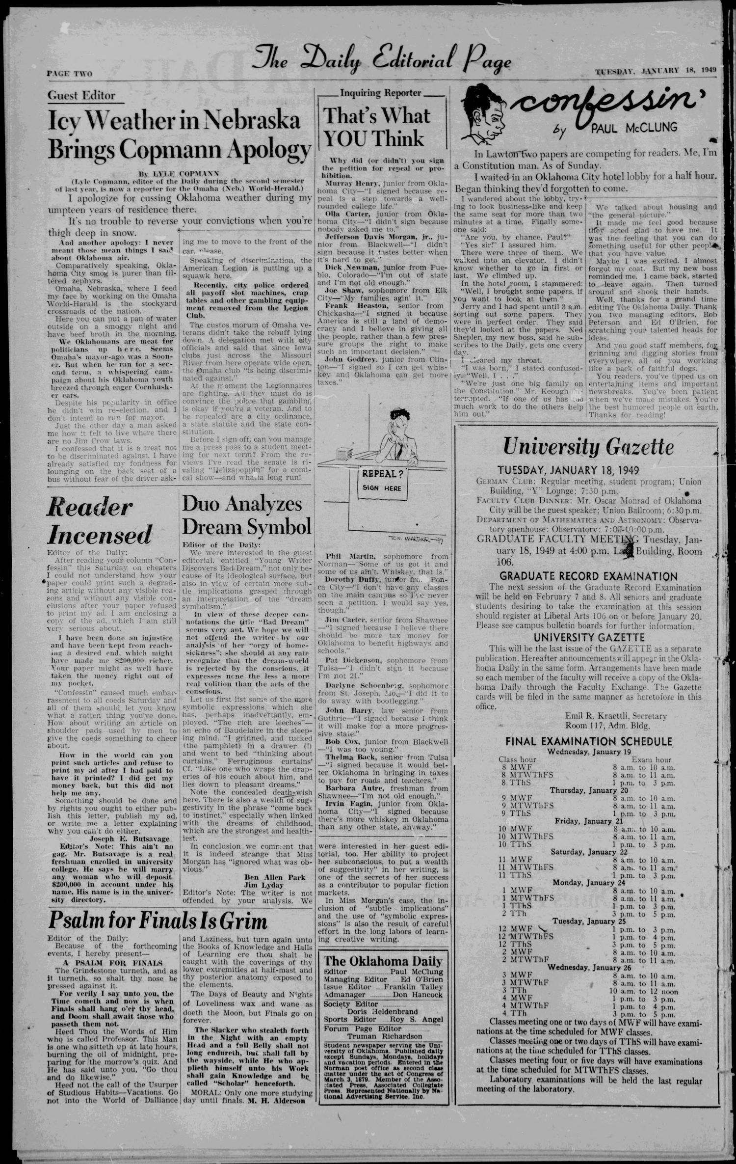 The Oklahoma Daily (Norman, Okla.), Vol. 25, No. 78, Ed. 1 Tuesday, January 18, 1949
                                                
                                                    [Sequence #]: 2 of 16
                                                