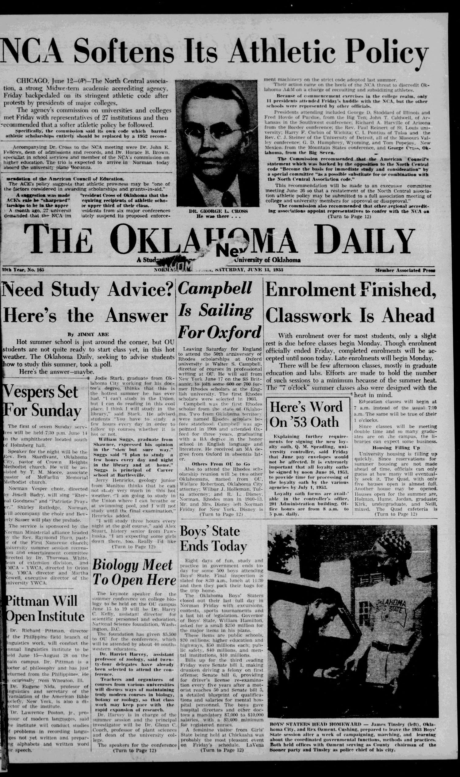 The Oklahoma Daily (Norman, Okla.), Vol. 39, No. 165, Ed. 1 Saturday, June 13, 1953
                                                
                                                    [Sequence #]: 1 of 12
                                                