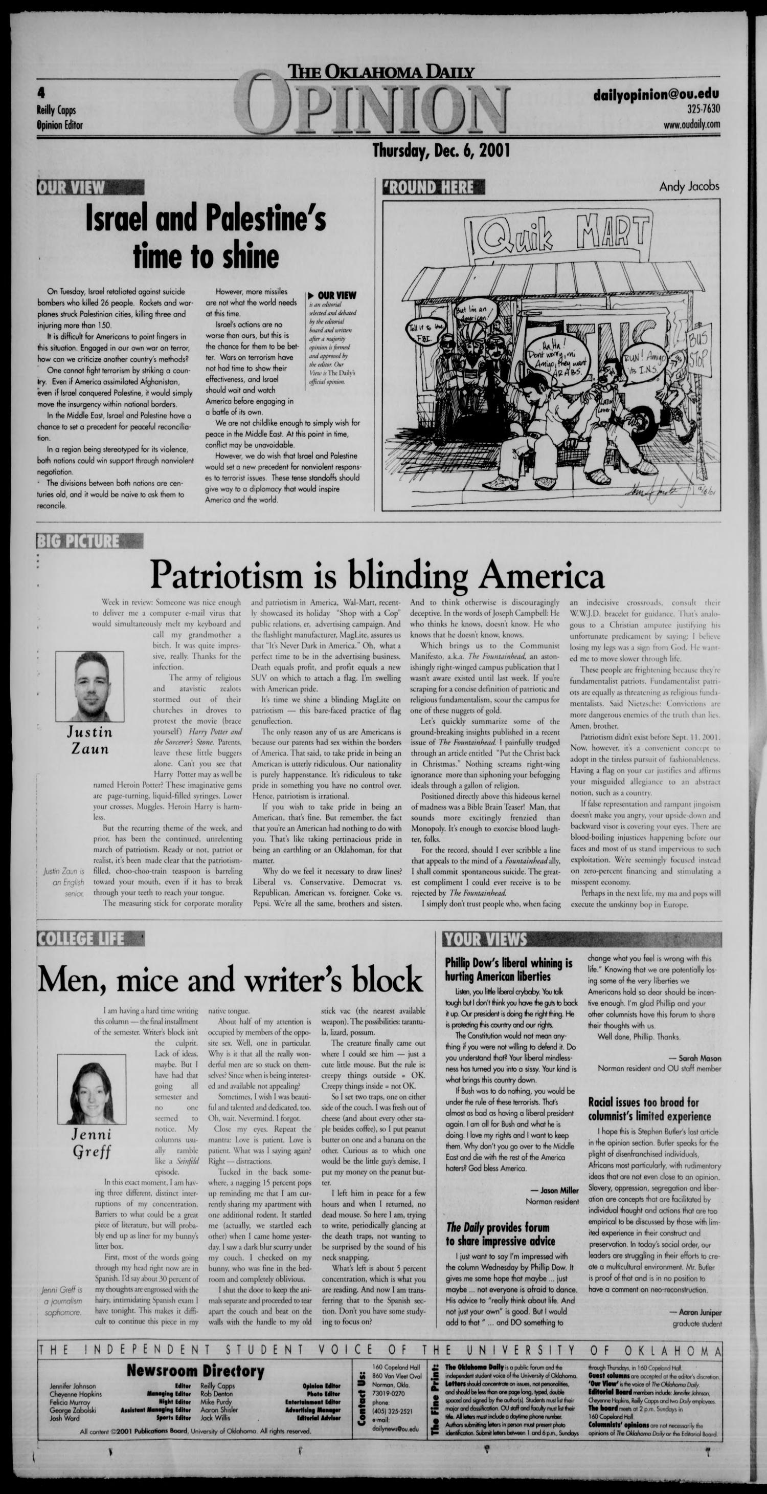 The Oklahoma Daily (Norman, Okla.), Vol. 85, No. 74, Ed. 1 Thursday, December 6, 2001
                                                
                                                    [Sequence #]: 4 of 10
                                                