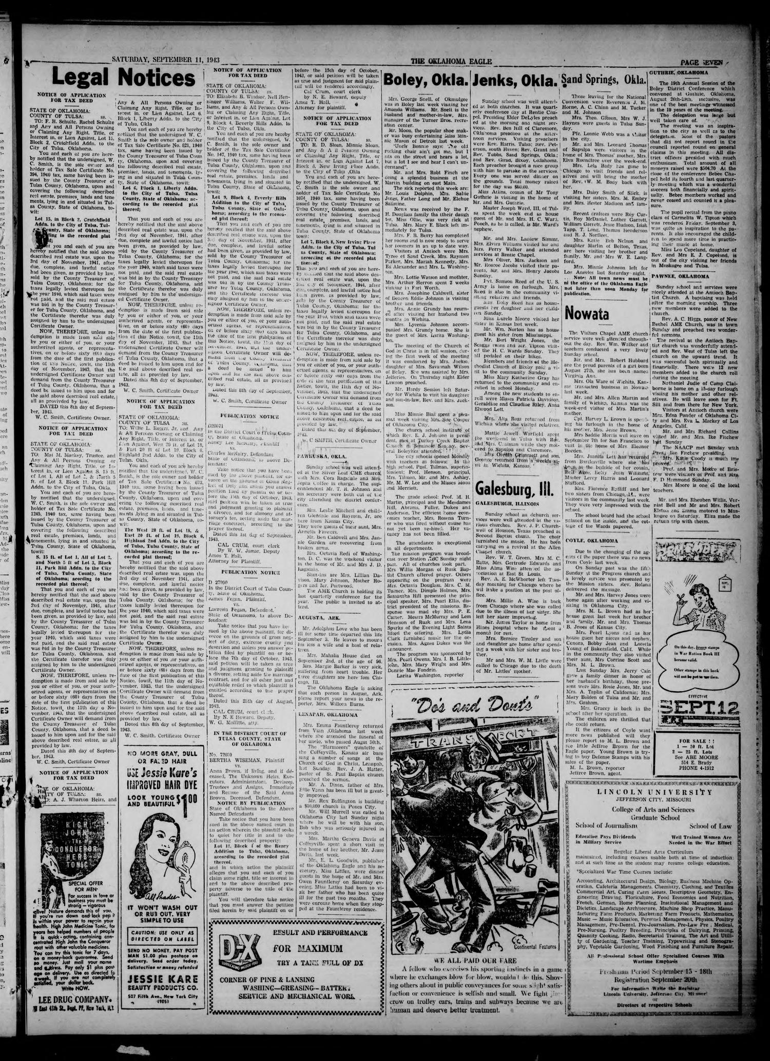 The Oklahoma Eagle (Tulsa, Okla.), Vol. 23, No. 6, Ed. 1 Saturday, September 11, 1943
                                                
                                                    [Sequence #]: 7 of 8
                                                