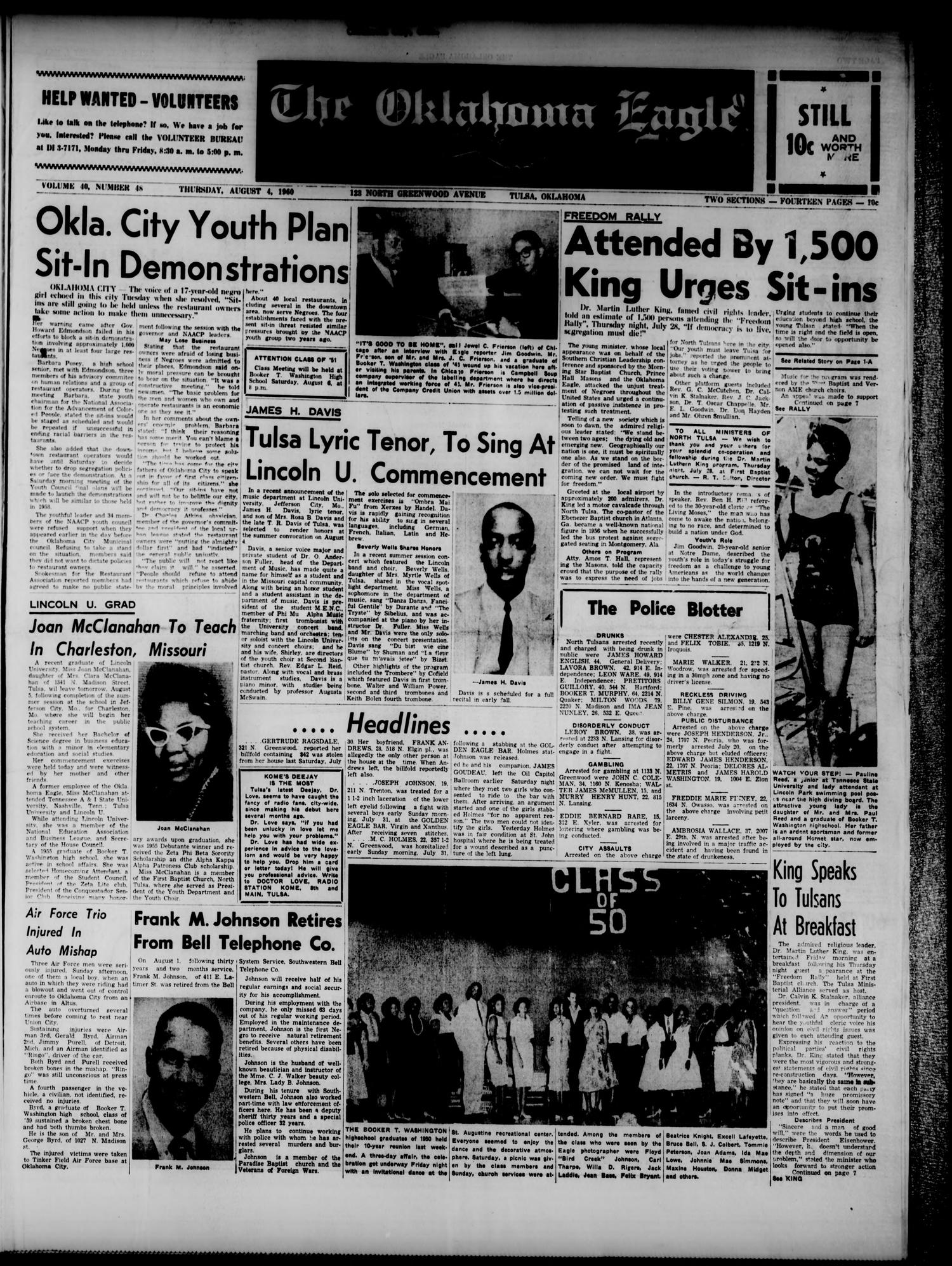 The Oklahoma Eagle (Tulsa, Okla.), Vol. 40, No. 48, Ed. 1 Thursday, August 4, 1960
                                                
                                                    [Sequence #]: 1 of 14
                                                