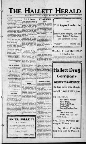 Primary view of object titled 'The Hallett Herald (Hallett, Okla.), Vol. 7, No. 22, Ed. 1 Thursday, December 3, 1914'.