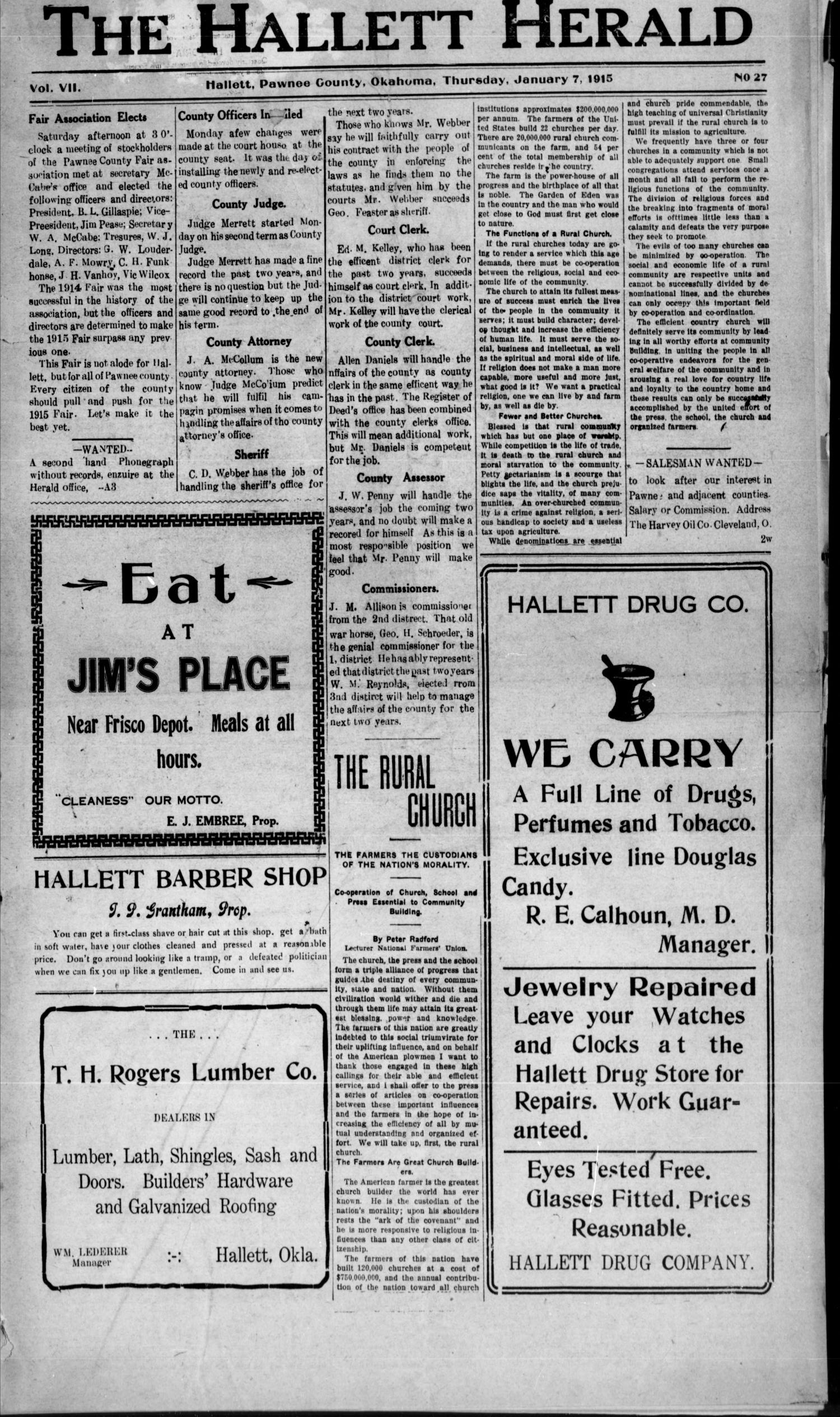 The Hallett Herald (Hallett, Okla.), Vol. 7, No. 27, Ed. 1 Thursday, January 7, 1915
                                                
                                                    [Sequence #]: 1 of 8
                                                