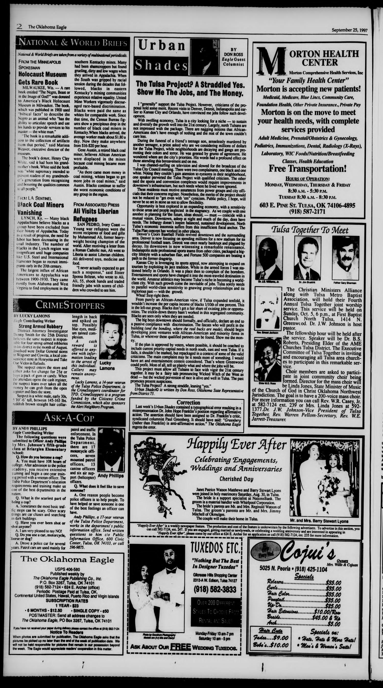 The Oklahoma Eagle (Tulsa, Okla.), Vol. 76, No. 33, Ed. 1 Thursday, September 25, 1997
                                                
                                                    [Sequence #]: 2 of 14
                                                