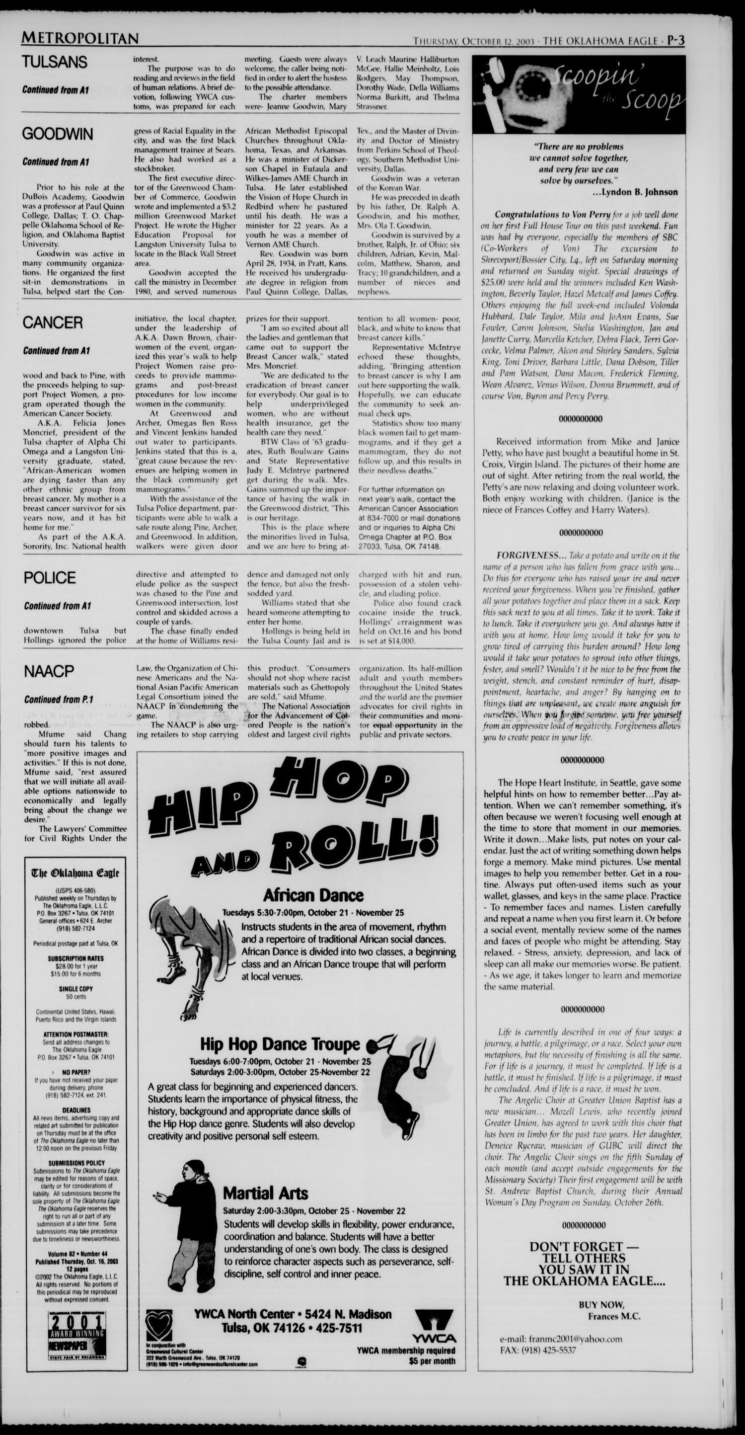 The Oklahoma Eagle (Tulsa, Okla.), Vol. 82, No. 44, Ed. 1 Thursday, October 16, 2003
                                                
                                                    [Sequence #]: 3 of 12
                                                