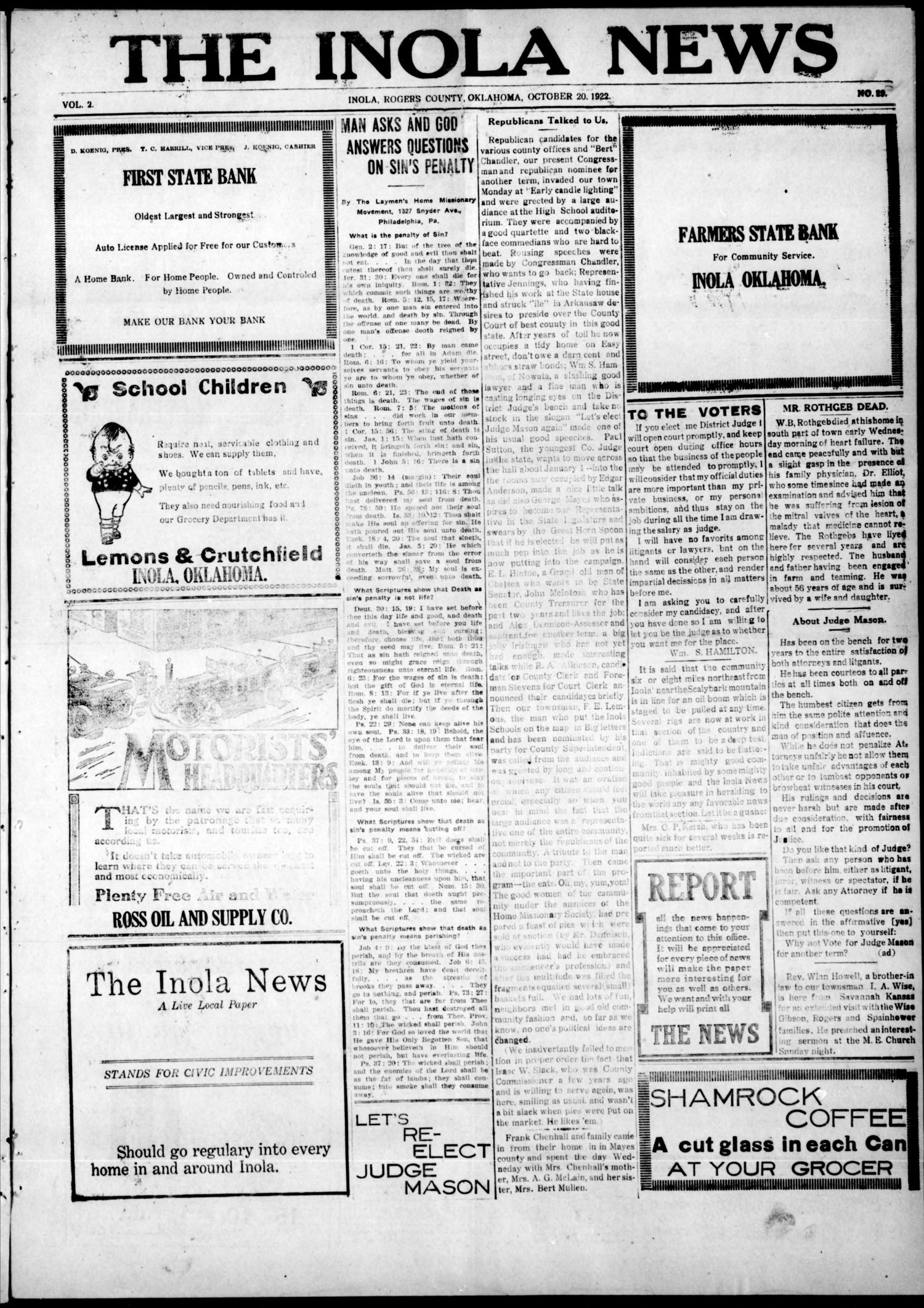 The Inola News (Inola, Okla.), Vol. 2, No. 29, Ed. 1 Friday, October 20, 1922
                                                
                                                    [Sequence #]: 1 of 6
                                                