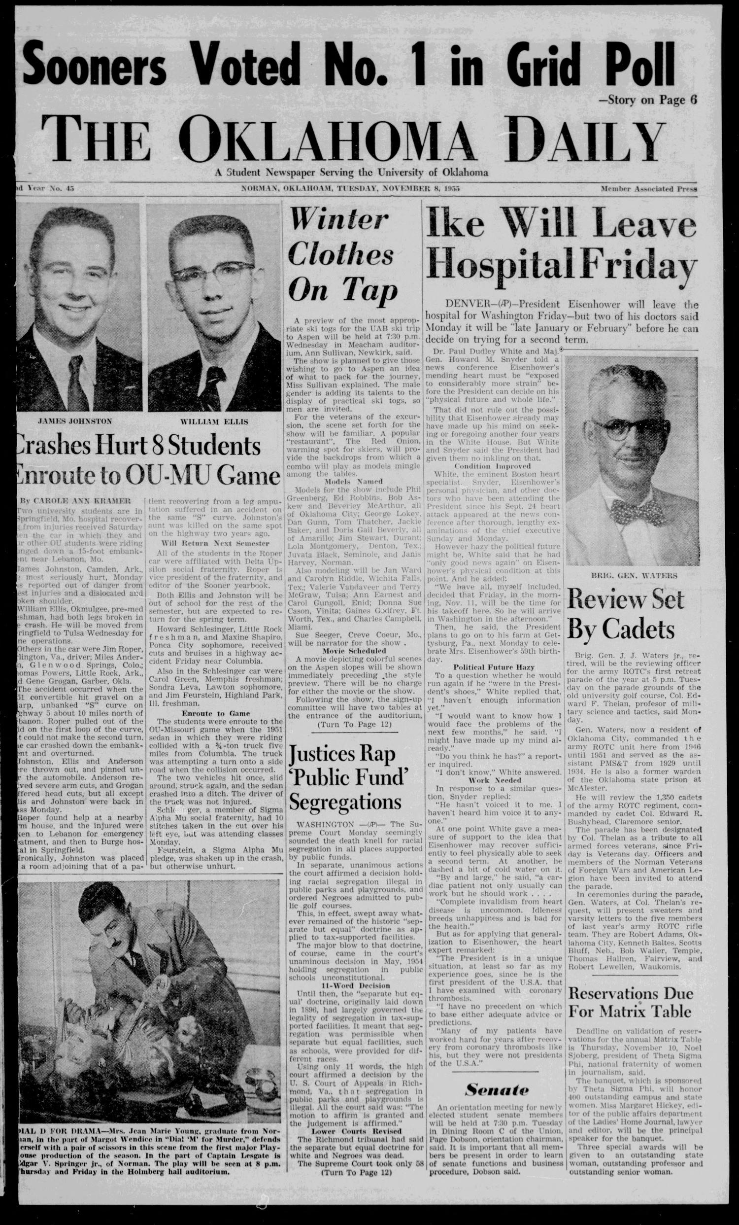The Oklahoma Daily (Norman, Okla.), Vol. 42, No. 45, Ed. 1 Tuesday, November 8, 1955
                                                
                                                    [Sequence #]: 1 of 12
                                                