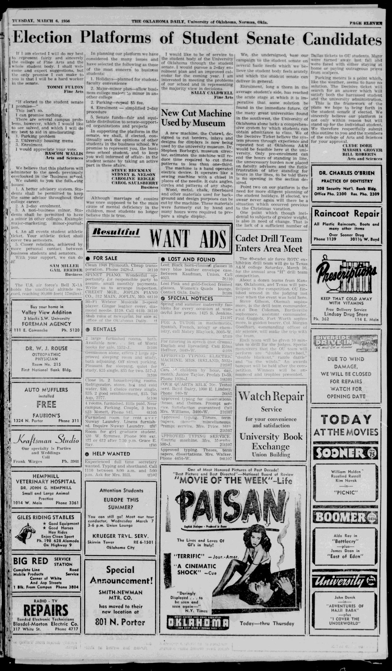 The Oklahoma Daily (Norman, Okla.), Vol. 1, No. 107, Ed. 1 Tuesday, March 6, 1956
                                                
                                                    [Sequence #]: 11 of 12
                                                