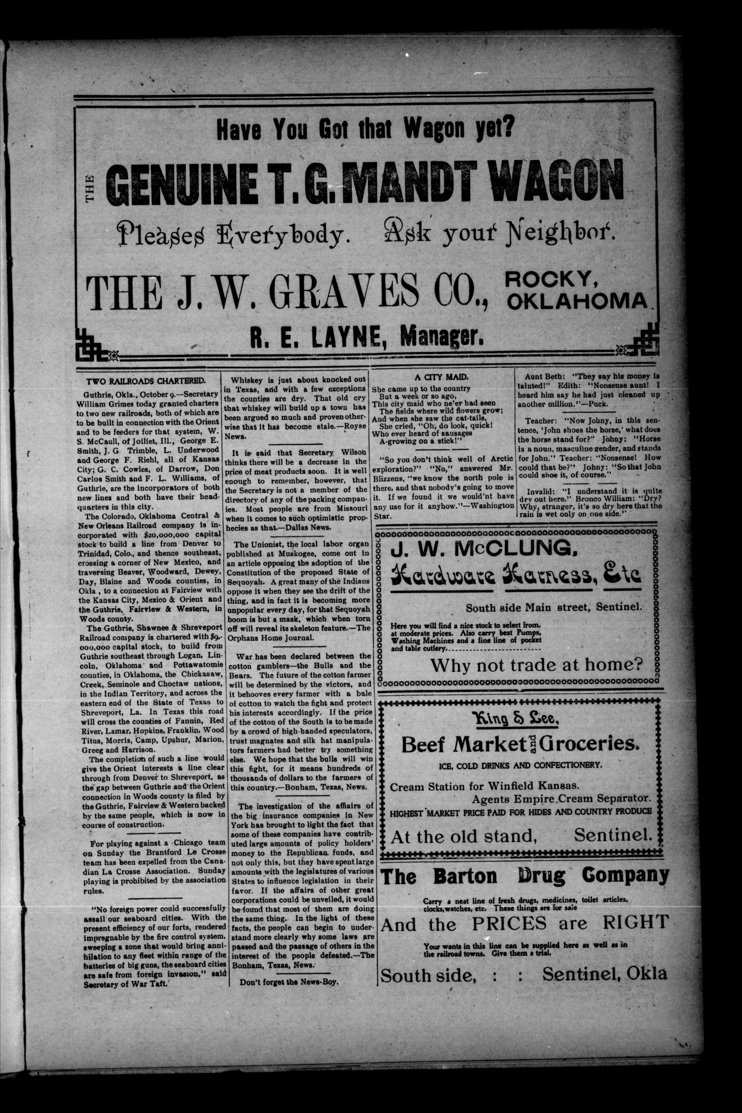 Sentinel News-Boy. (Sentinel, Okla.), Vol. 2, No. 10, Ed. 1 Saturday, October 14, 1905
                                                
                                                    [Sequence #]: 5 of 10
                                                