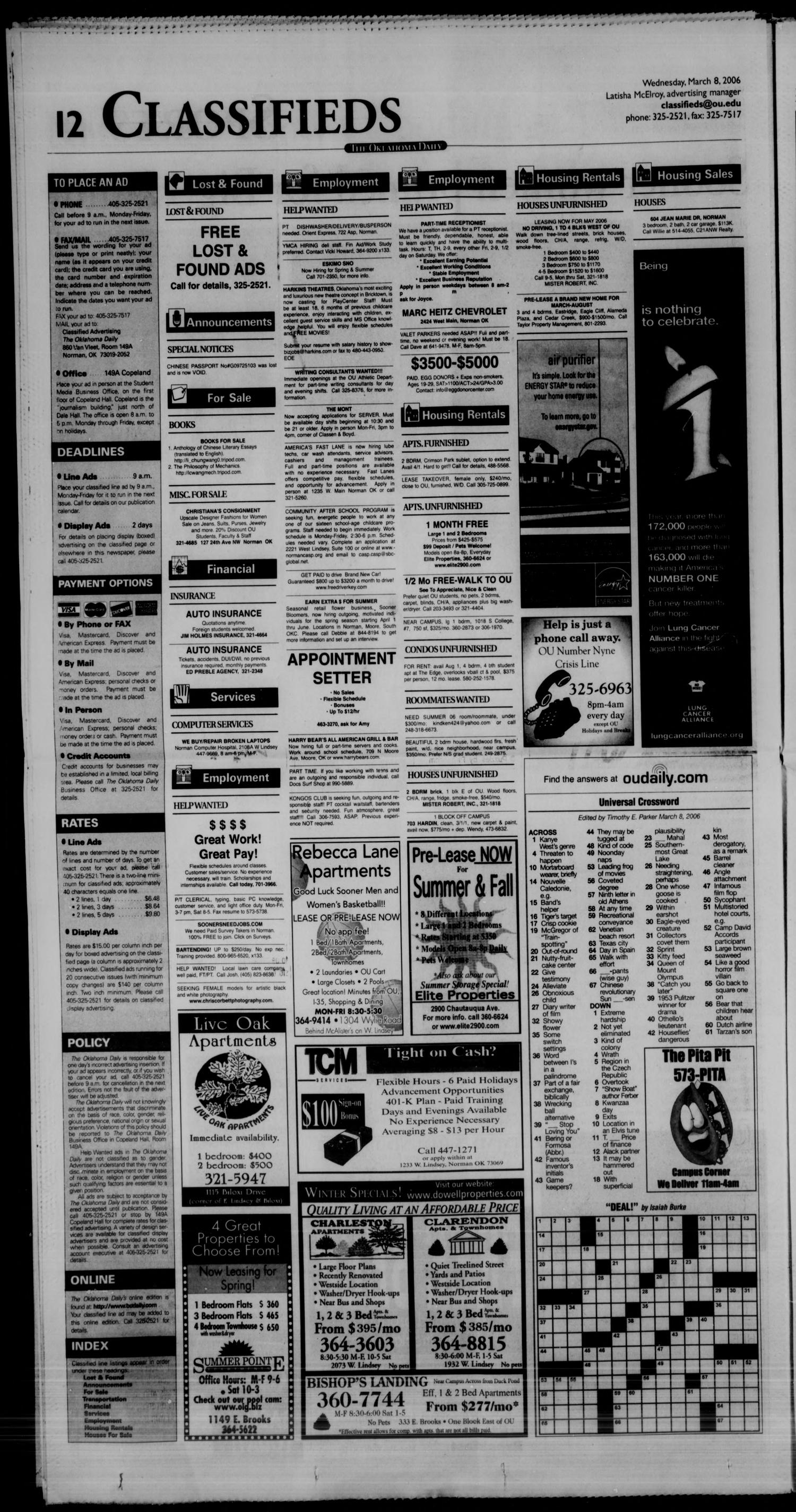 The Oklahoma Daily (Norman, Okla.), Vol. 90, No. 116, Ed. 1 Wednesday, March 8, 2006
                                                
                                                    [Sequence #]: 12 of 14
                                                