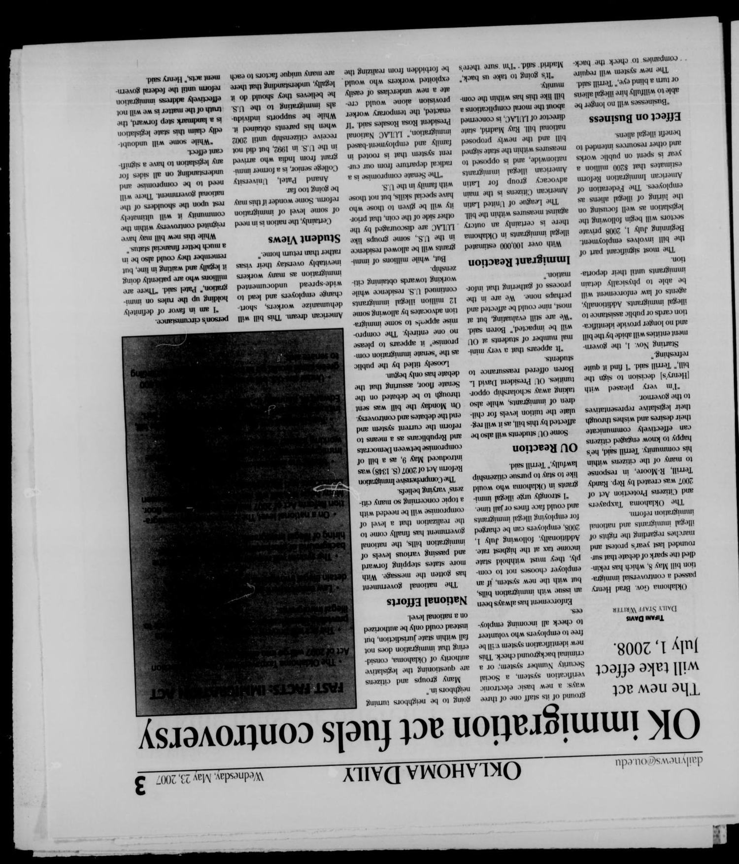 The Oklahoma Daily (Norman, Okla.), Vol. 91, No. 152, Ed. 1 Wednesday, May 23, 2007
                                                
                                                    [Sequence #]: 3 of 12
                                                