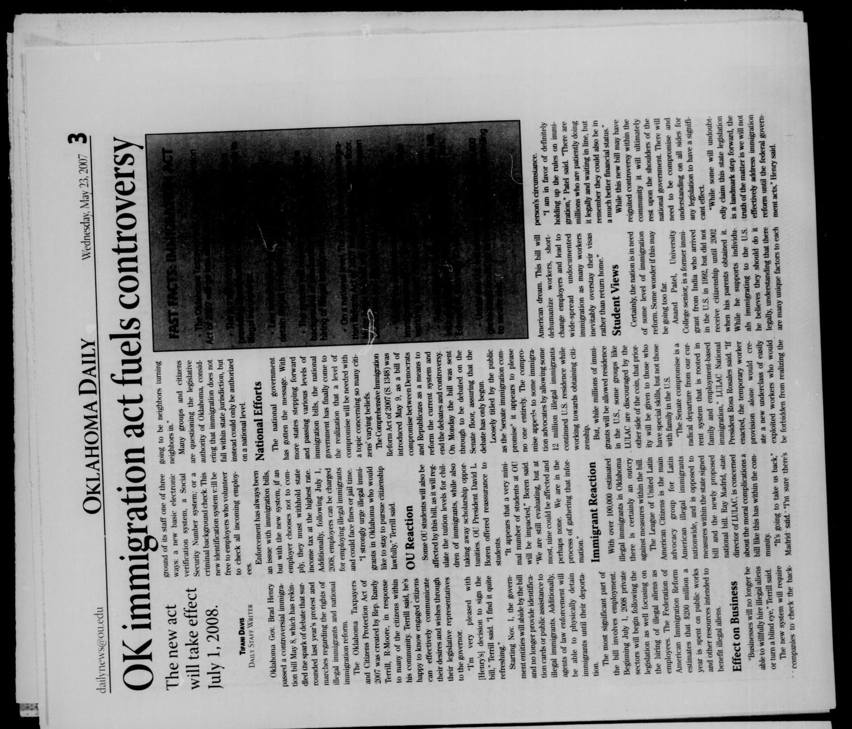 The Oklahoma Daily (Norman, Okla.), Vol. 91, No. 152, Ed. 1 Wednesday, May 23, 2007
                                                
                                                    [Sequence #]: 3 of 12
                                                