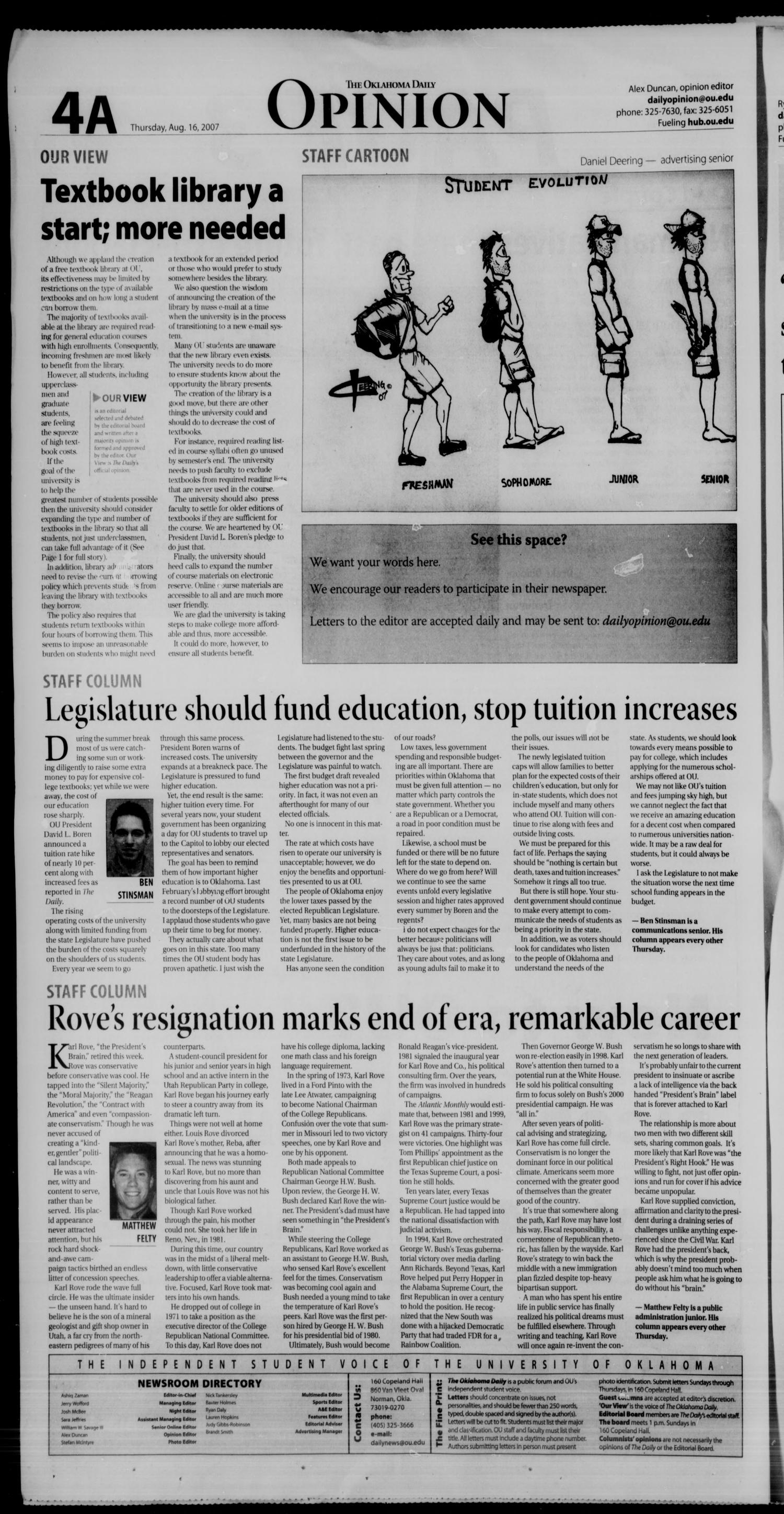 The Oklahoma Daily (Norman, Okla.), Vol. 92, No. 2, Ed. 1 Thursday, August 16, 2007
                                                
                                                    [Sequence #]: 4 of 12
                                                