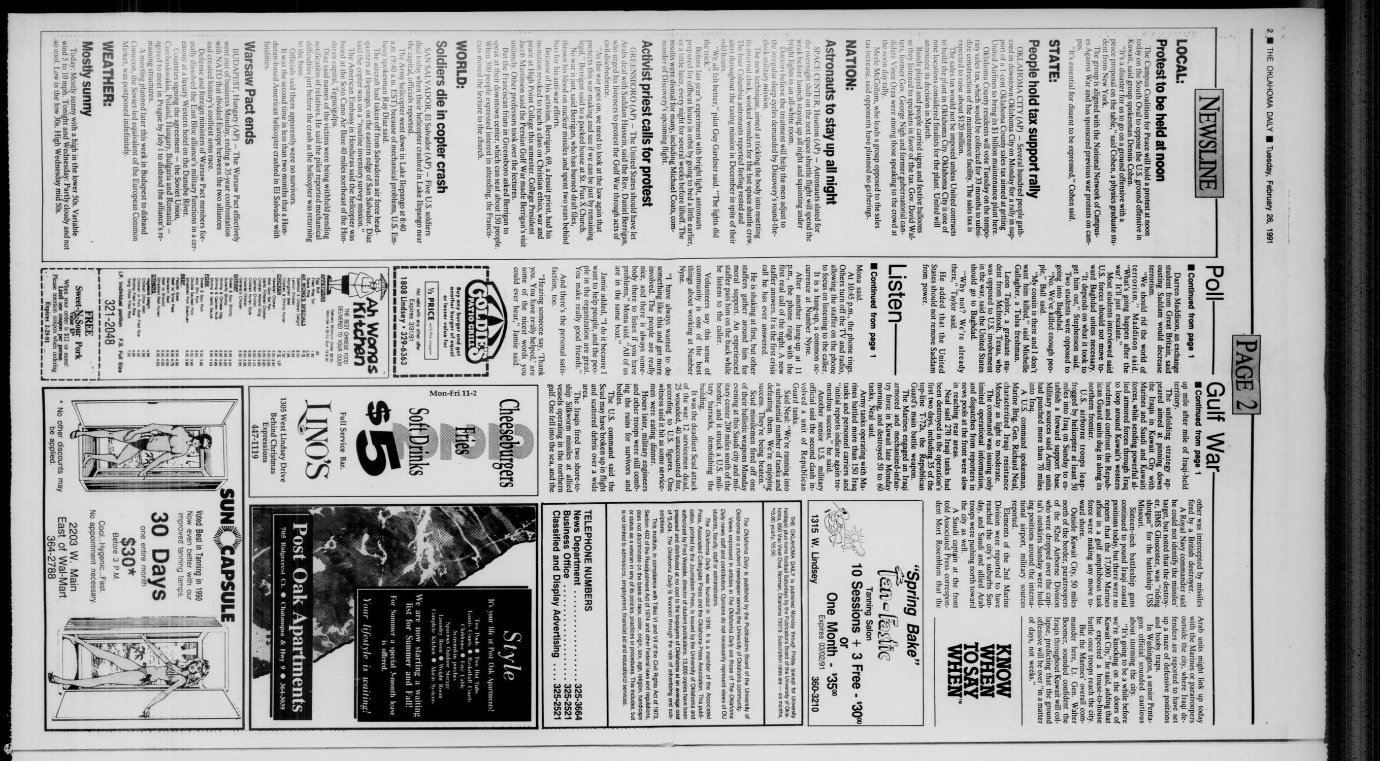 The Oklahoma Daily (Norman, Okla.), Vol. 75, No. 119, Ed. 1 Tuesday, February 26, 1991
                                                
                                                    [Sequence #]: 2 of 8
                                                