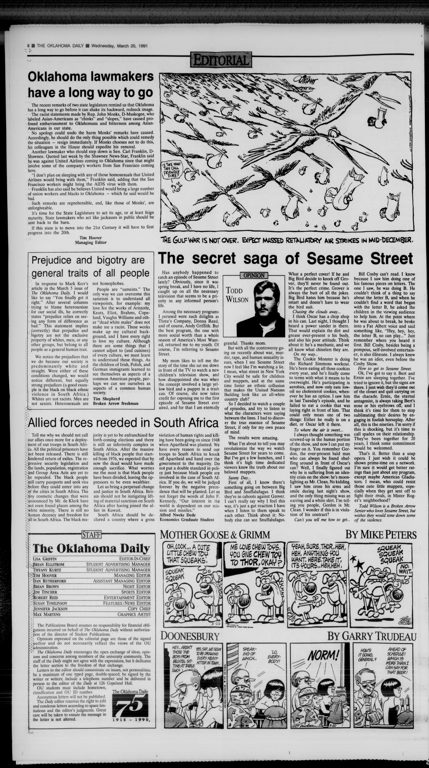 The Oklahoma Daily (Norman, Okla.), Vol. 75, No. 130, Ed. 1 Wednesday, March 20, 1991
                                                
                                                    [Sequence #]: 6 of 10
                                                