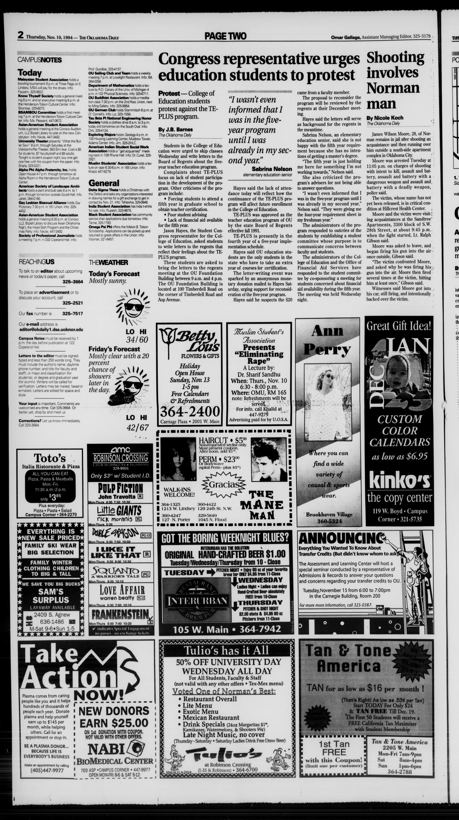 The Oklahoma Daily (Norman, Okla.), Vol. 79, No. 64, Ed. 1 Thursday, November 10, 1994
                                                
                                                    [Sequence #]: 2 of 8
                                                