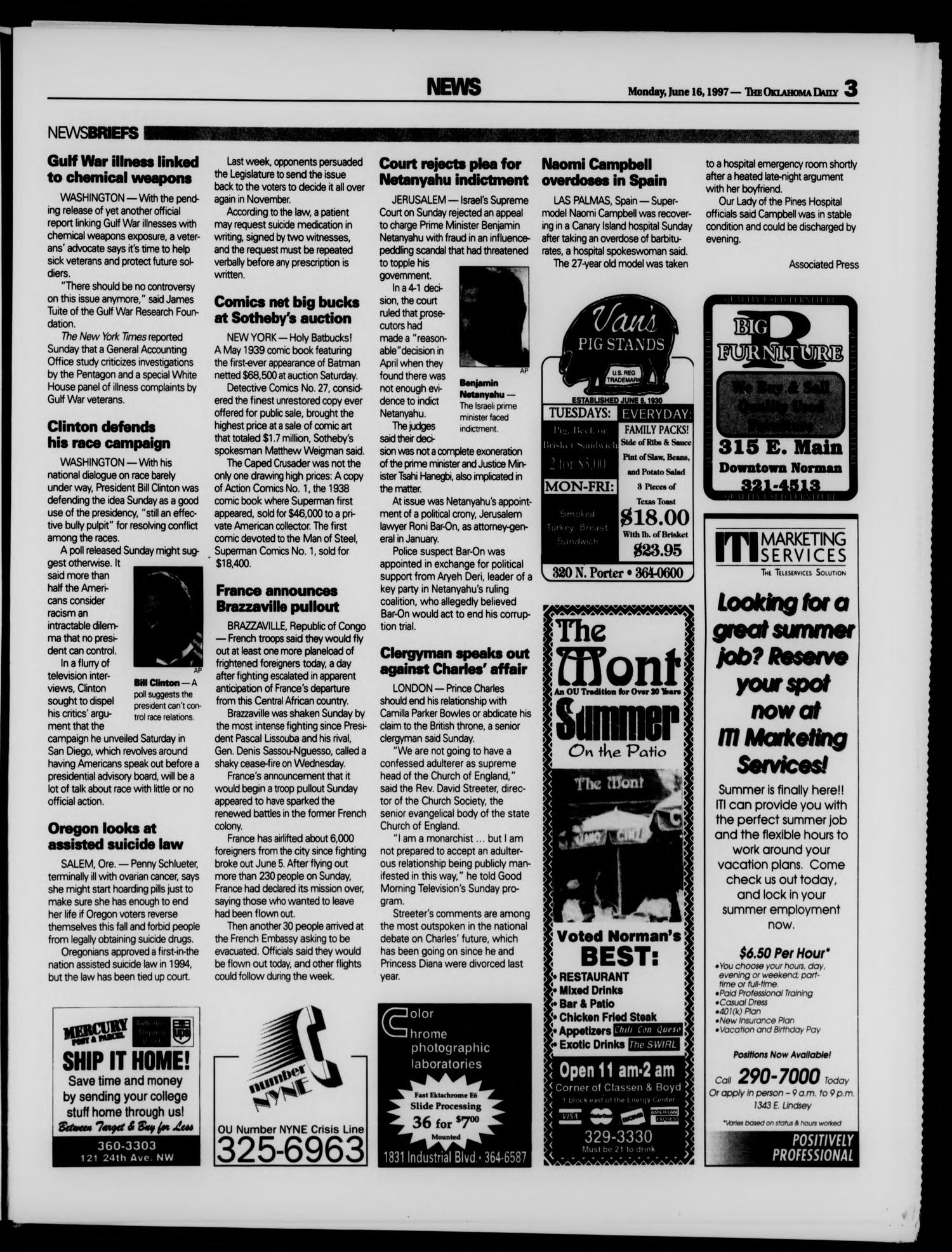 The Oklahoma Daily (Norman, Okla.), Vol. 81, No. 172, Ed. 1 Monday, June 16, 1997
                                                
                                                    [Sequence #]: 3 of 8
                                                