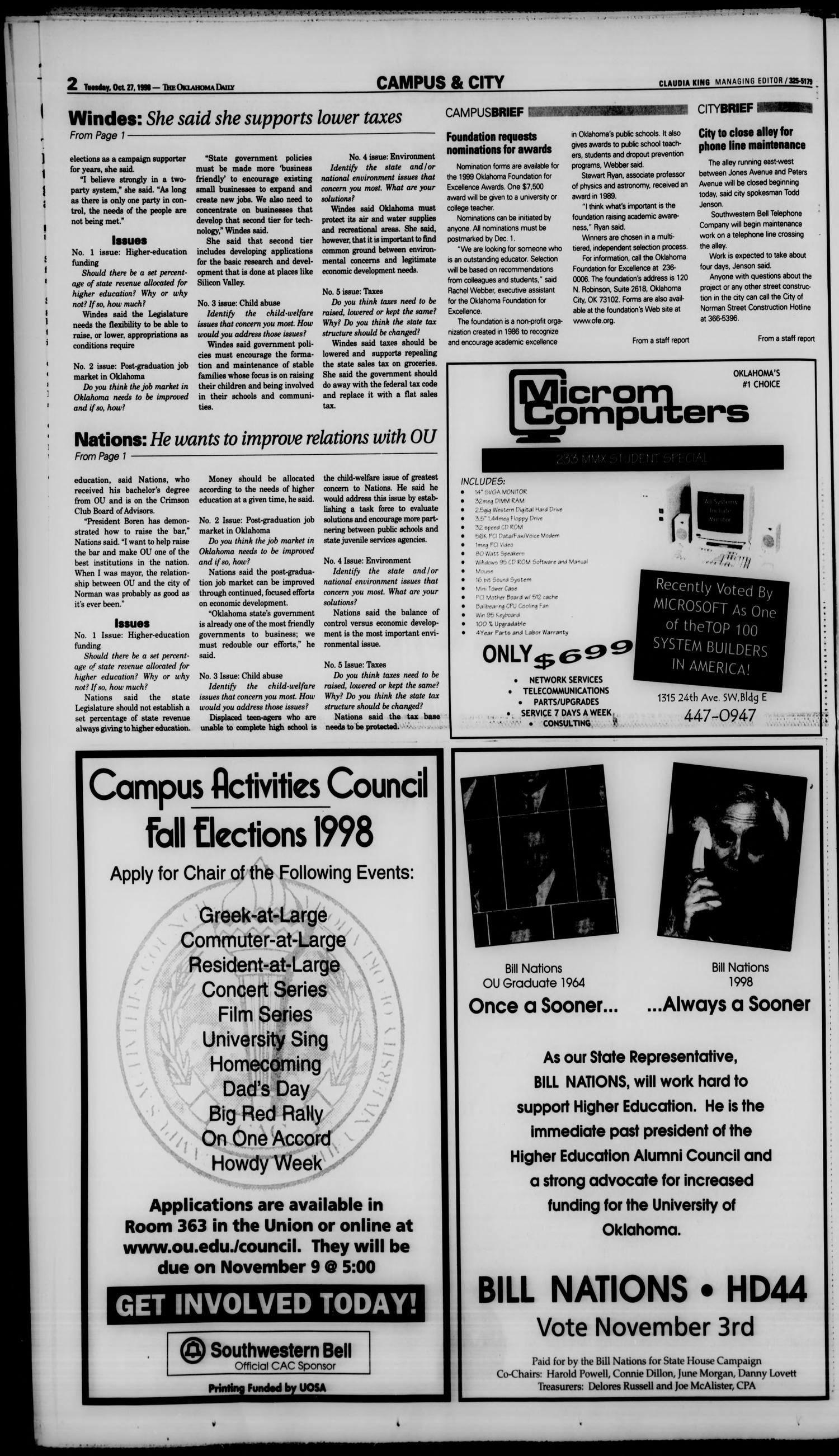 The Oklahoma Daily (Norman, Okla.), Vol. 83, No. 53, Ed. 1 Tuesday, October 27, 1998
                                                
                                                    [Sequence #]: 2 of 16
                                                