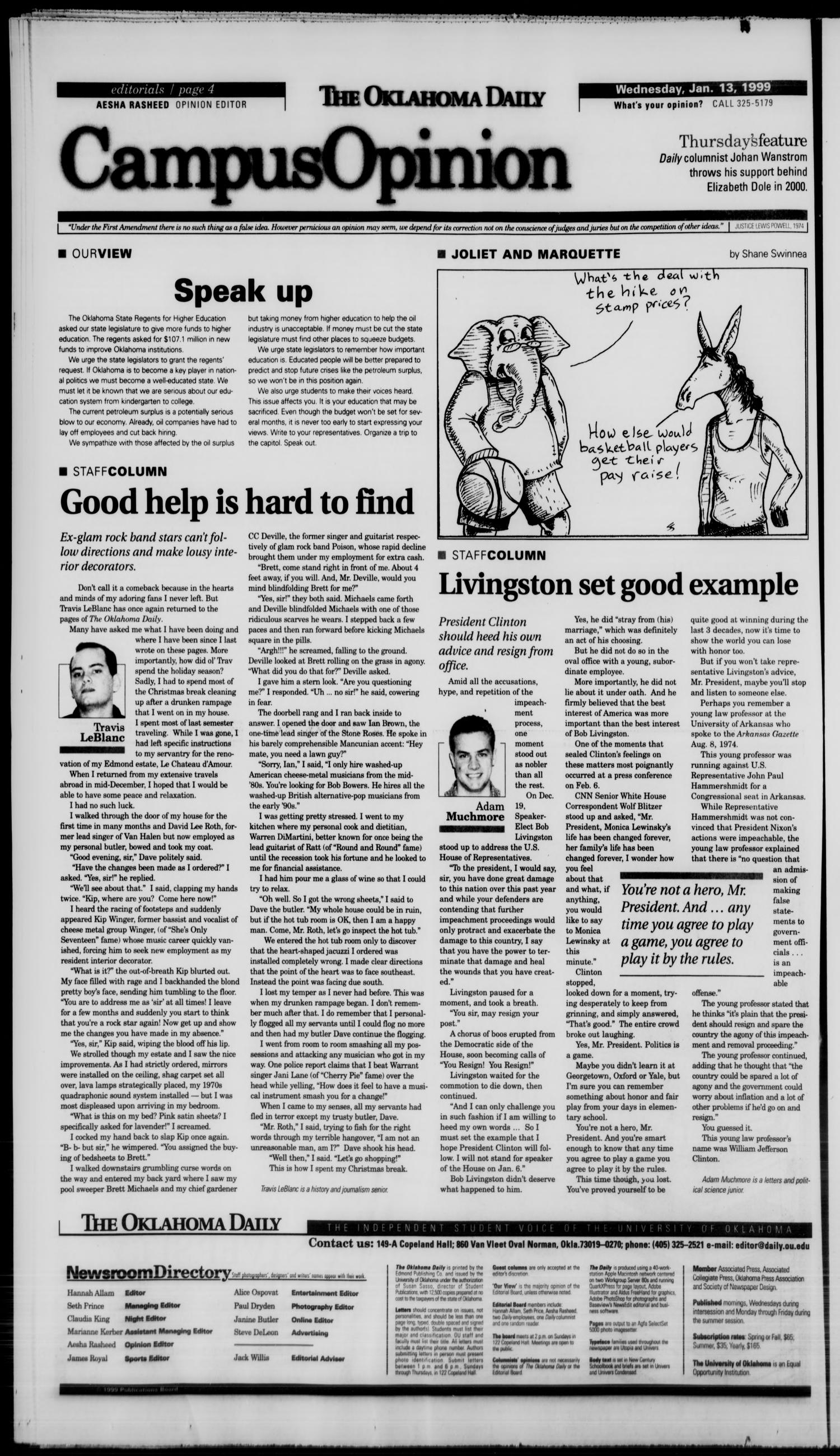 The Oklahoma Daily (Norman, Okla.), Vol. 83, No. 83, Ed. 1 Wednesday, January 13, 1999
                                                
                                                    [Sequence #]: 4 of 14
                                                