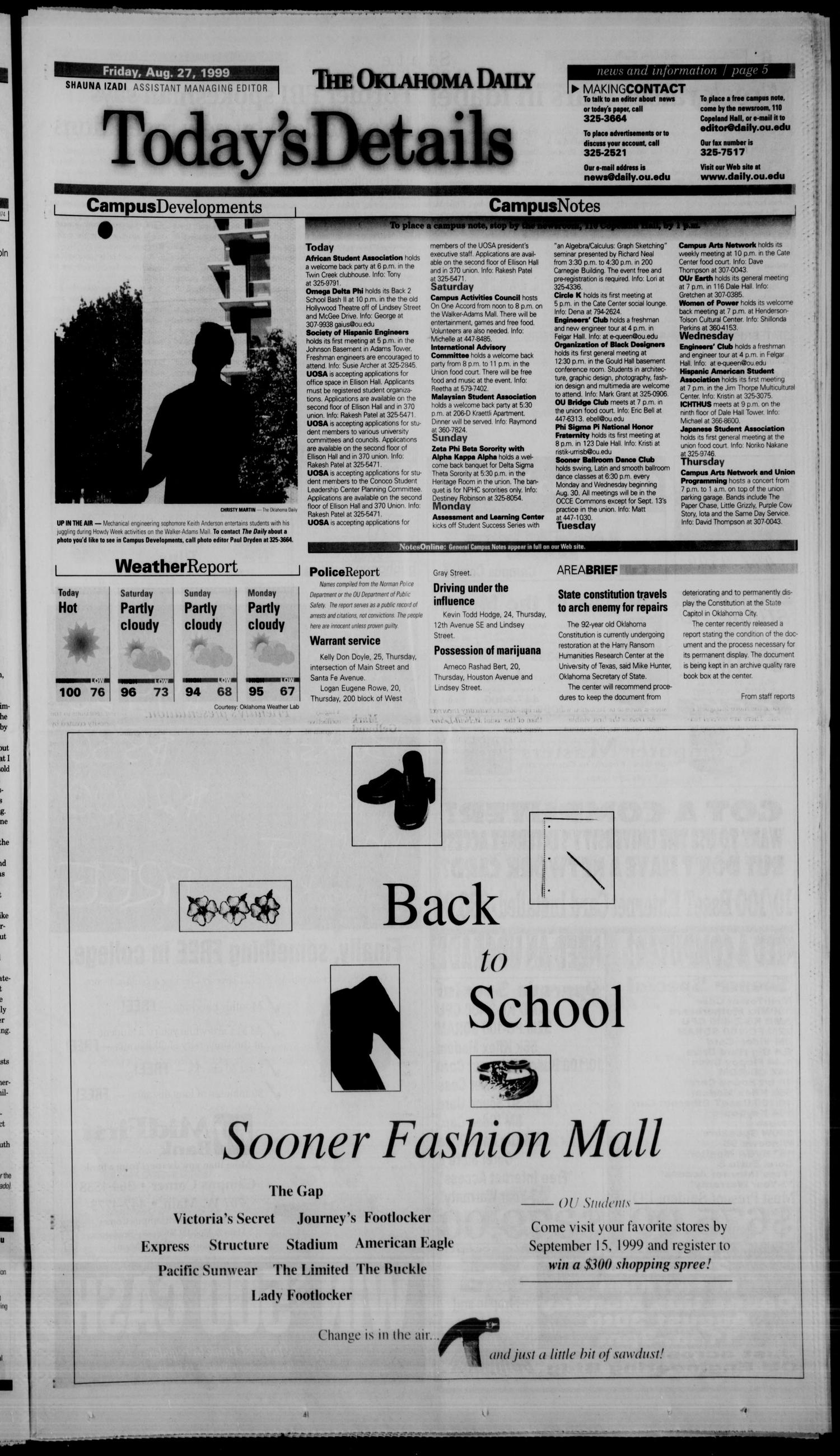 The Oklahoma Daily (Norman, Okla.), Vol. 84, No. 8, Ed. 1 Friday, August 27, 1999
                                                
                                                    [Sequence #]: 5 of 18
                                                