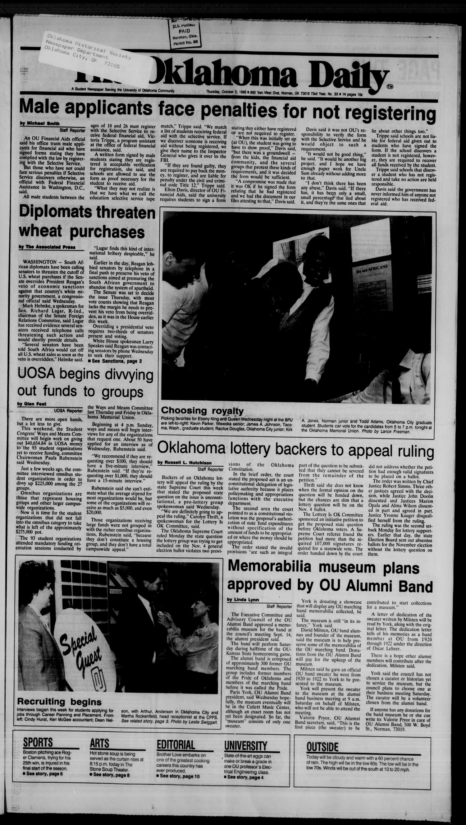 The Oklahoma Daily (Norman, Okla.), Vol. 73, No. 33, Ed. 1 Thursday, October 2, 1986
                                                
                                                    [Sequence #]: 1 of 14
                                                