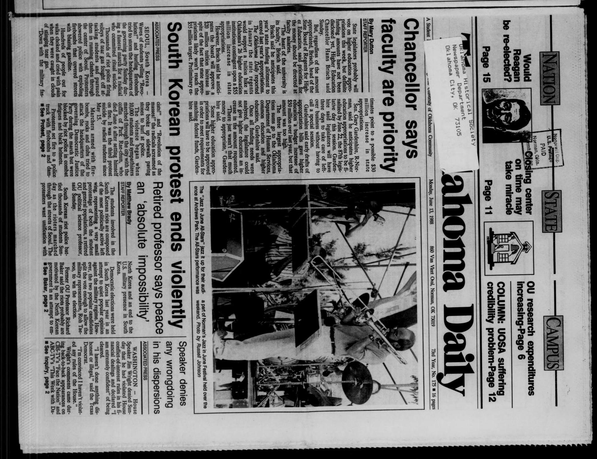 The Oklahoma Daily (Norman, Okla.), Vol. 73, No. 175, Ed. 1 Monday, June 13, 1988
                                                
                                                    [Sequence #]: 1 of 16
                                                